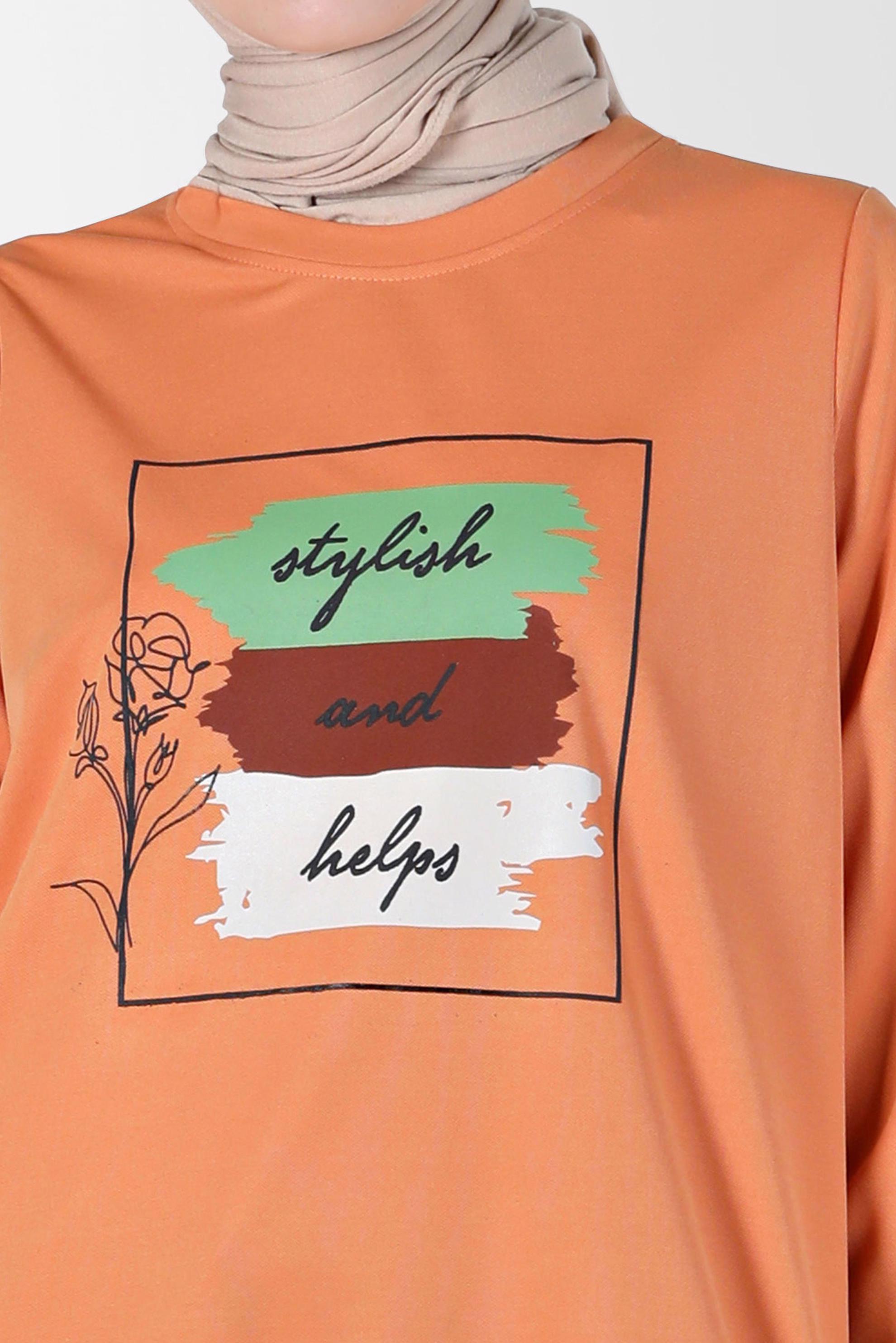 Tesettür giyim TURUNCU YAZI DETAYLI BASKILI EŞOFMAN TUNİK 42660 