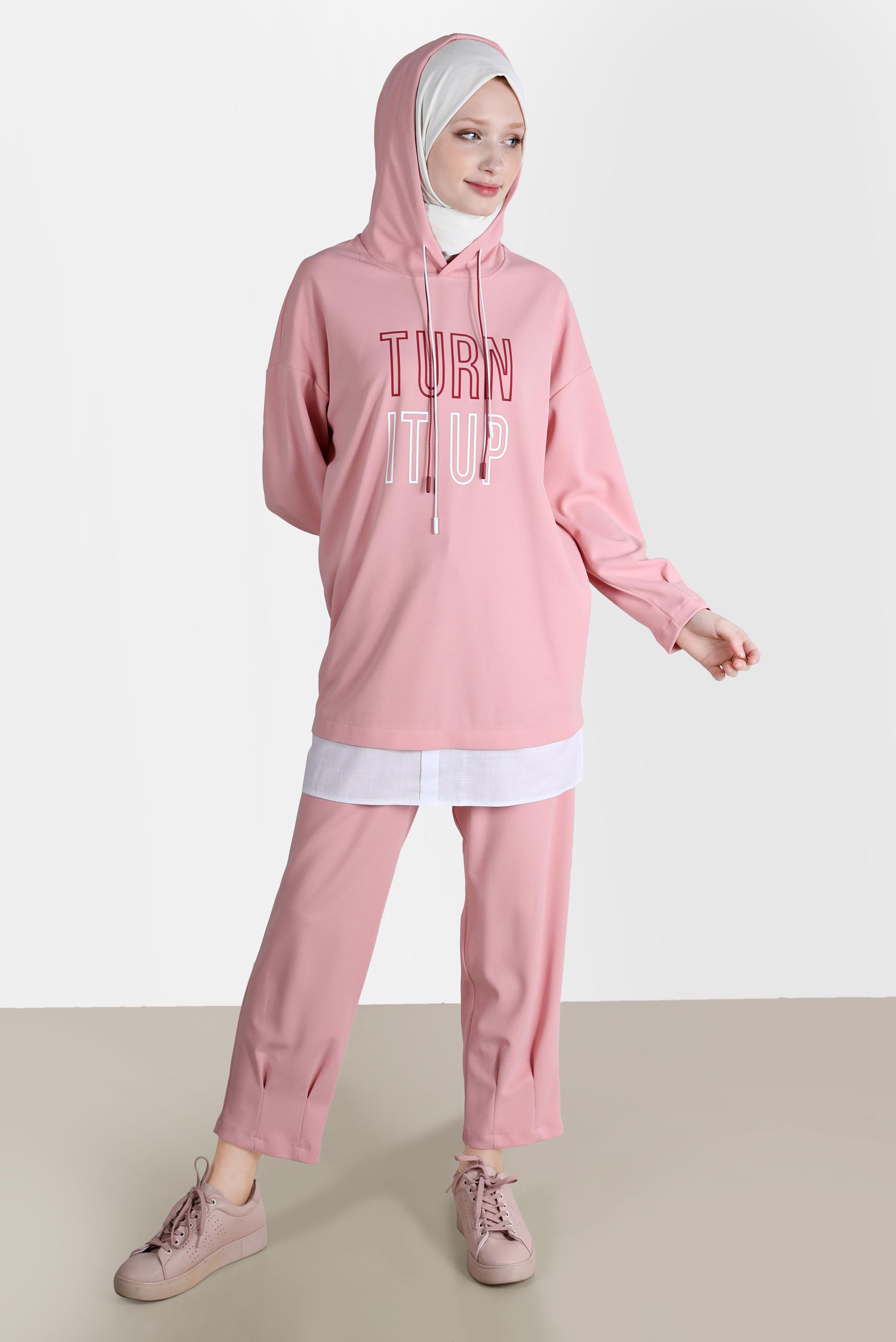 Tesettür giyim PUDRA BASKI DETAYLI İKİLİ PANT. EŞOFMAN TAKIMI 42675 