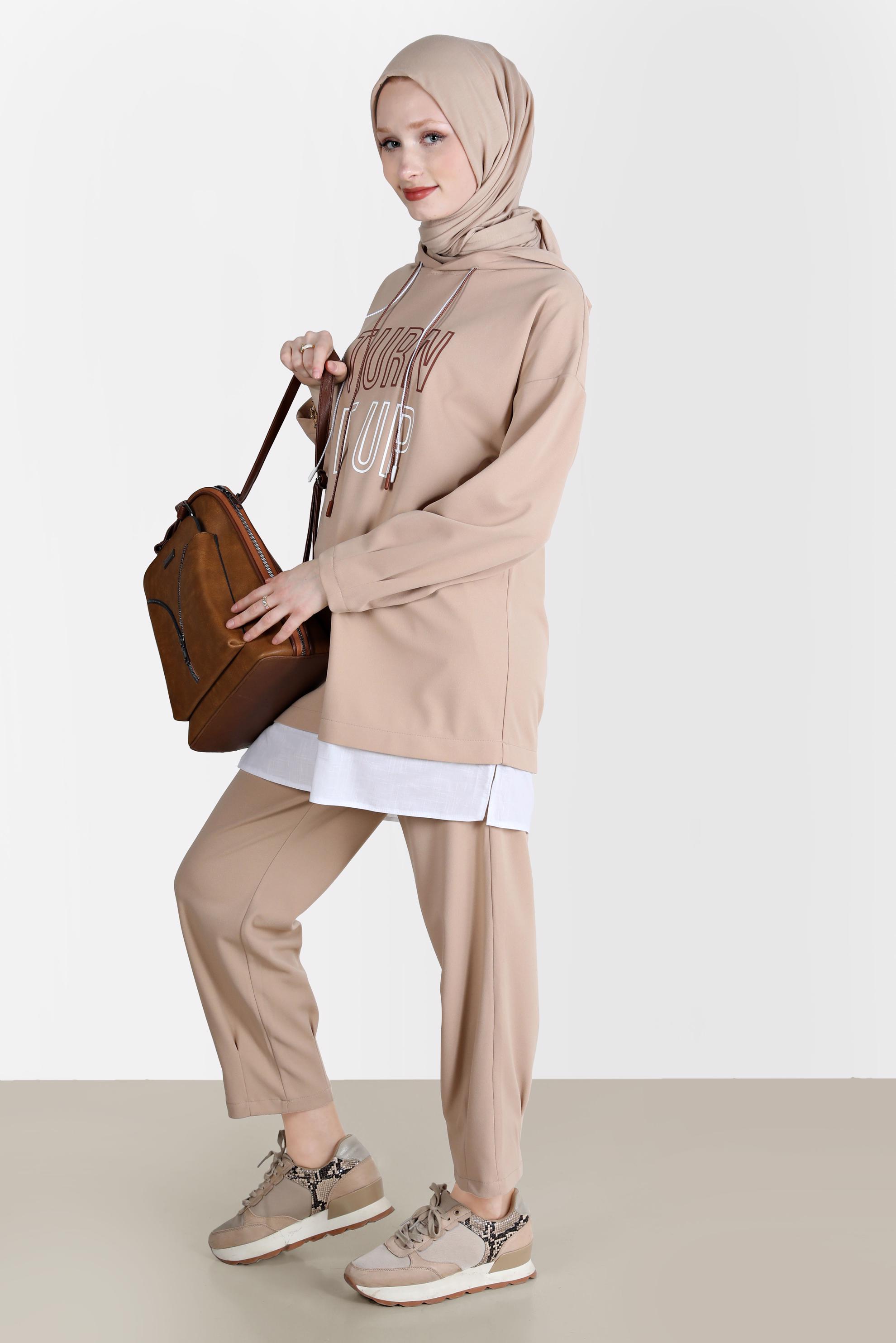 Tesettür giyim KUM BASKI DETAYLI İKİLİ PANT. EŞOFMAN TAKIMI 42675 