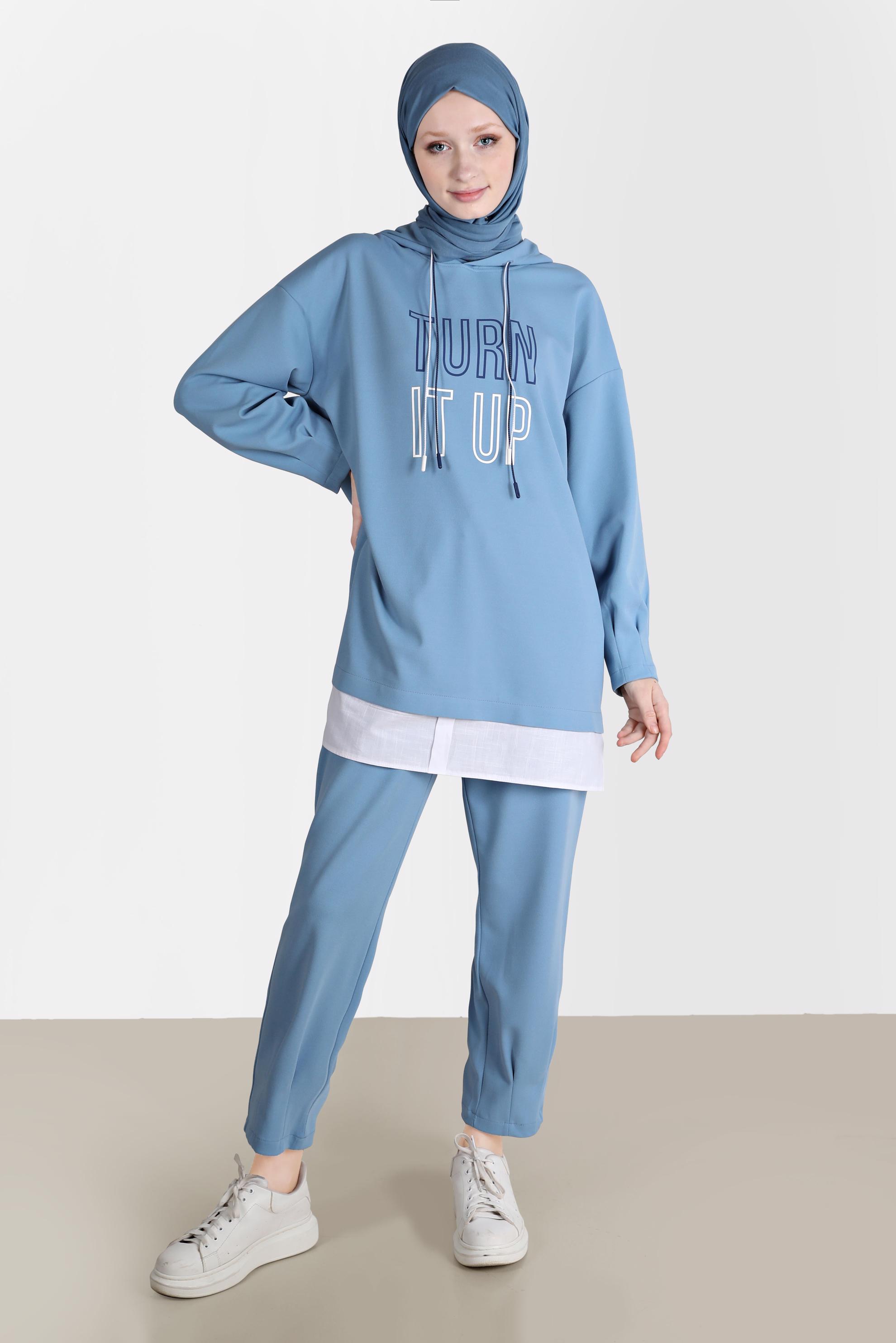 Tesettür giyim MAVİ BASKI DETAYLI İKİLİ PANT. EŞOFMAN TAKIMI 42675 