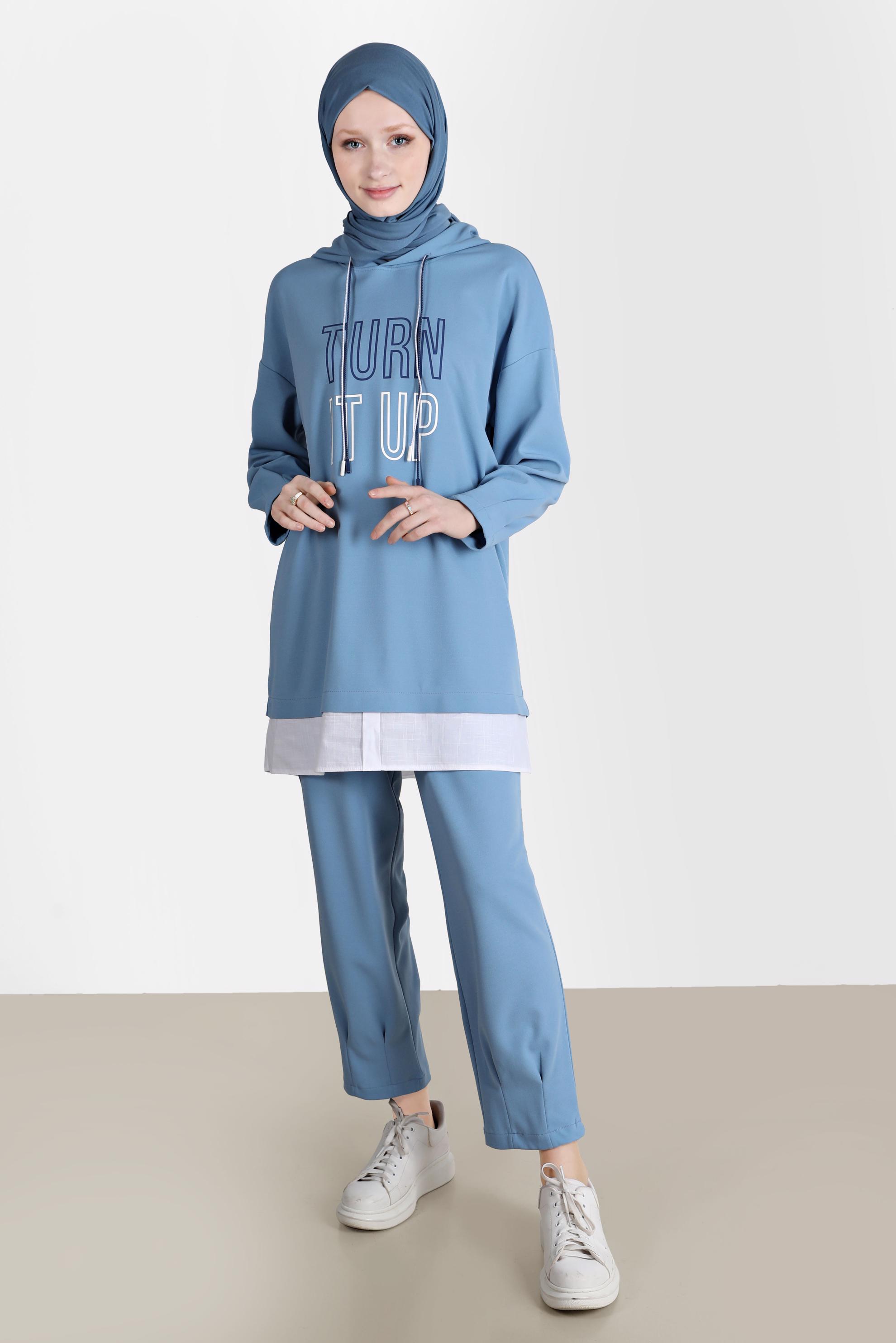 Tesettür giyim MAVİ BASKI DETAYLI İKİLİ PANT. EŞOFMAN TAKIMI 42675 