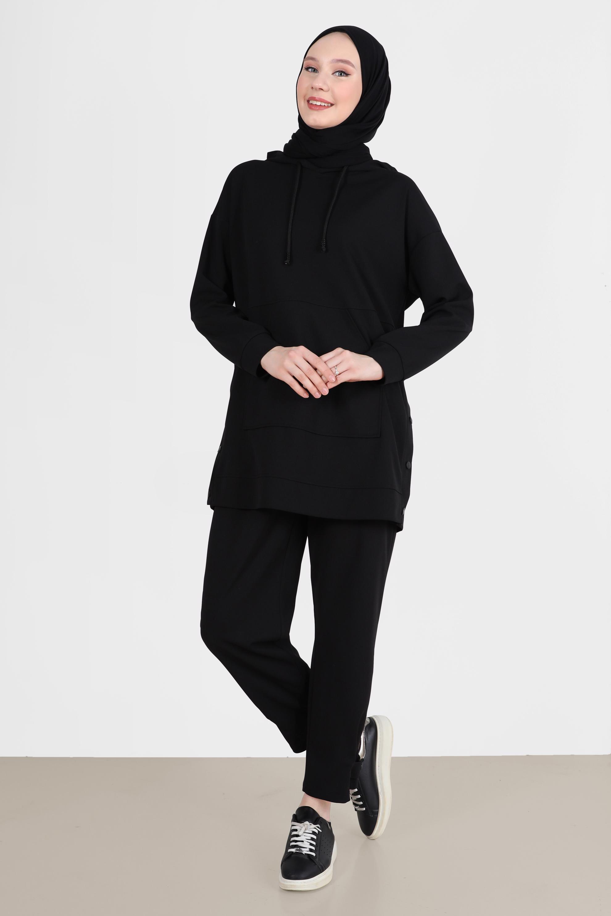 Tesettür giyim SİYAH ÇITÇIT DETAYLI KAPÜŞONLU İKİLİ PANT. EŞOFMAN TAKIMI 42676 
