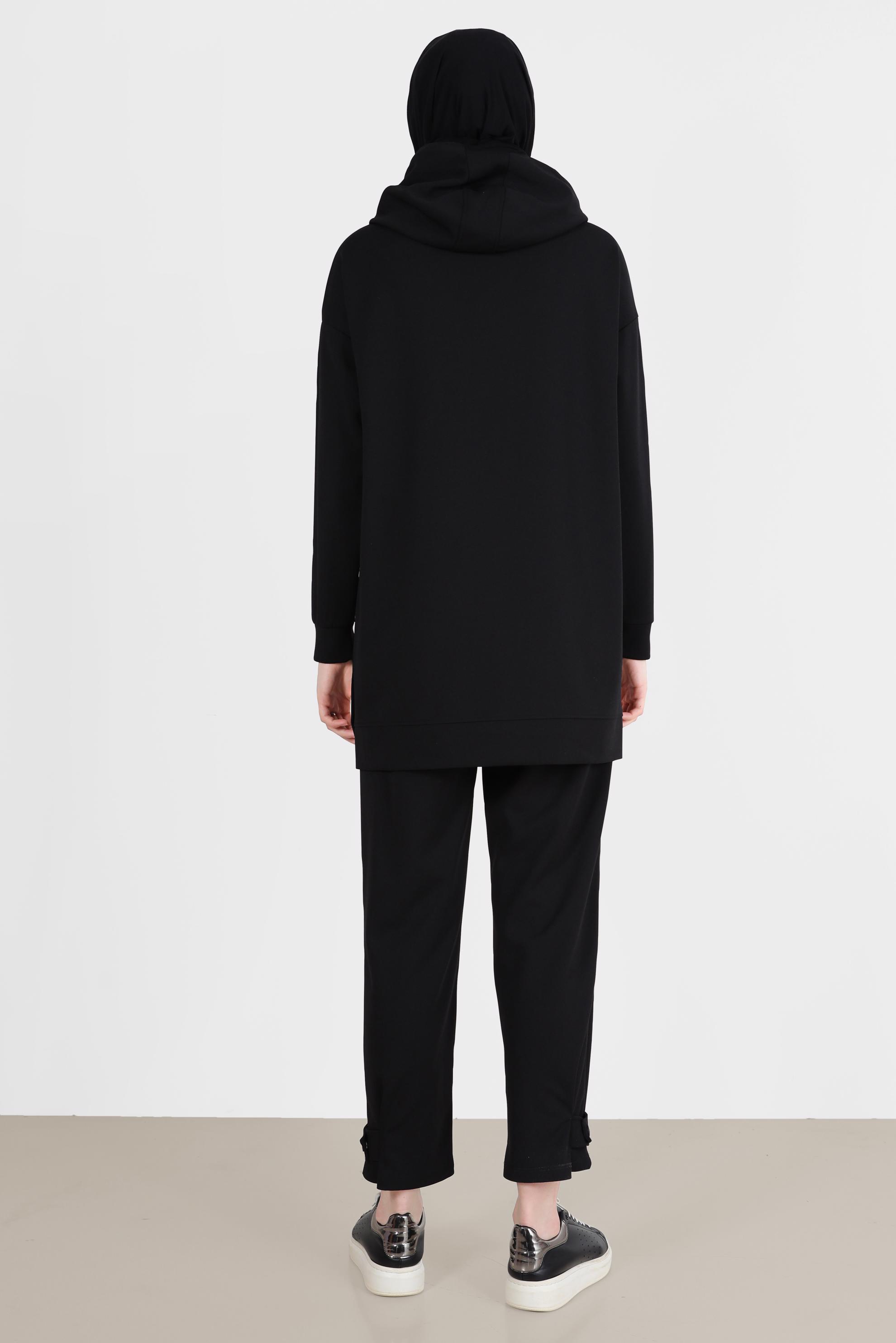 Tesettür giyim SİYAH ÇITÇIT DETAYLI KAPÜŞONLU İKİLİ PANT. EŞOFMAN TAKIMI 42676 