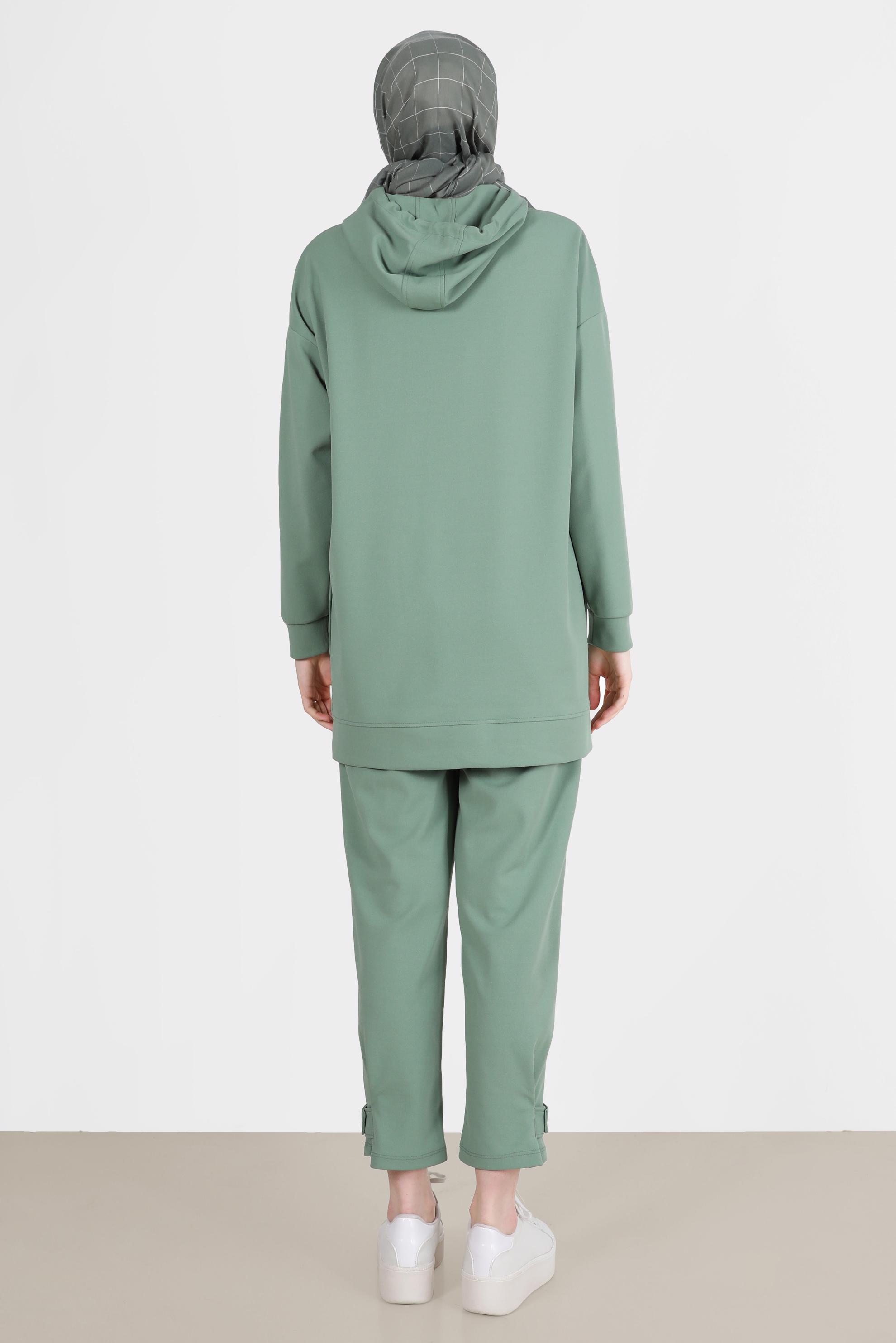 Tesettür giyim YEŞİL ÇITÇIT DETAYLI KAPÜŞONLU İKİLİ PANT. EŞOFMAN TAKIMI 42676 