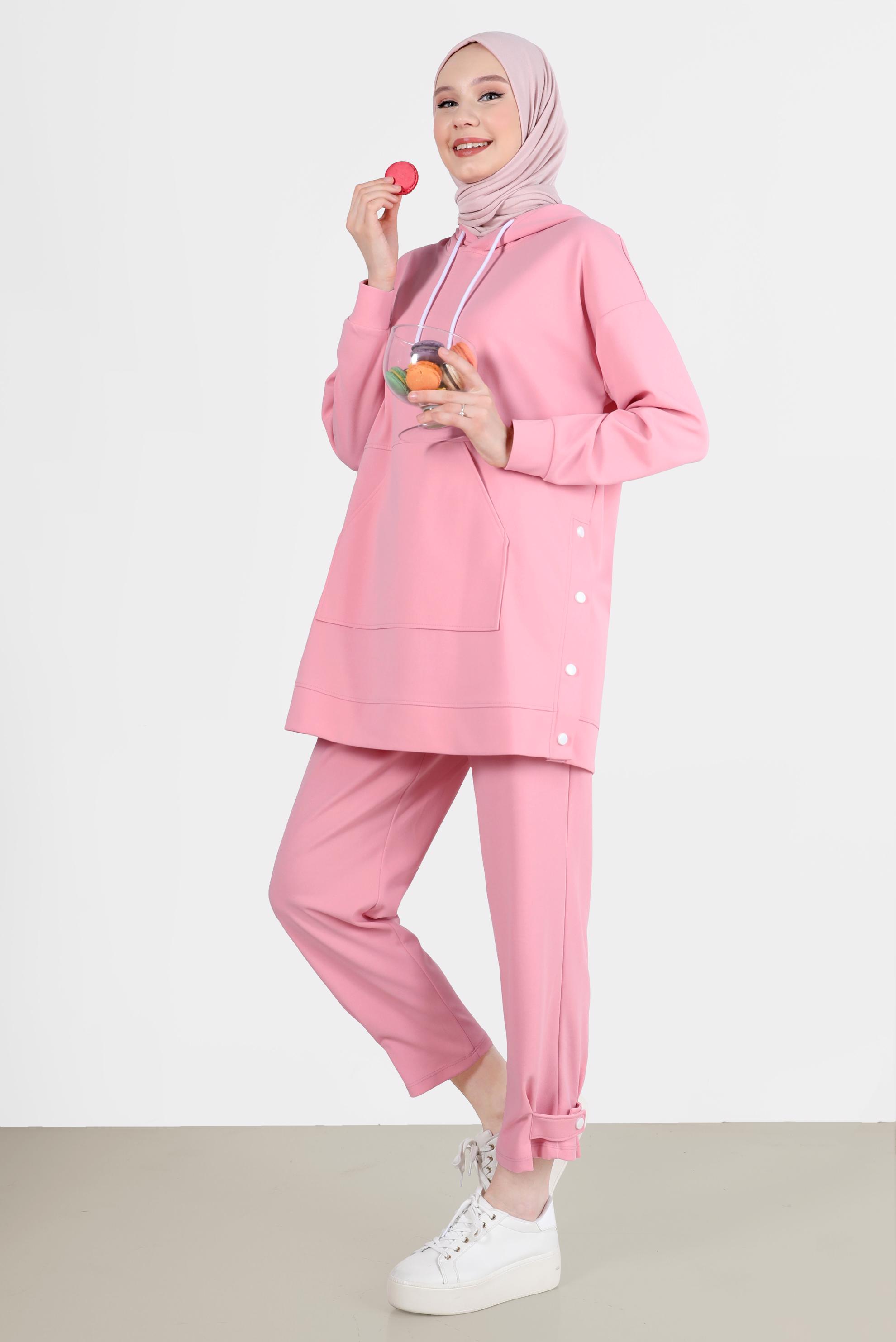 Tesettür giyim PUDRA ÇITÇIT DETAYLI KAPÜŞONLU İKİLİ PANT. EŞOFMAN TAKIMI 42676 