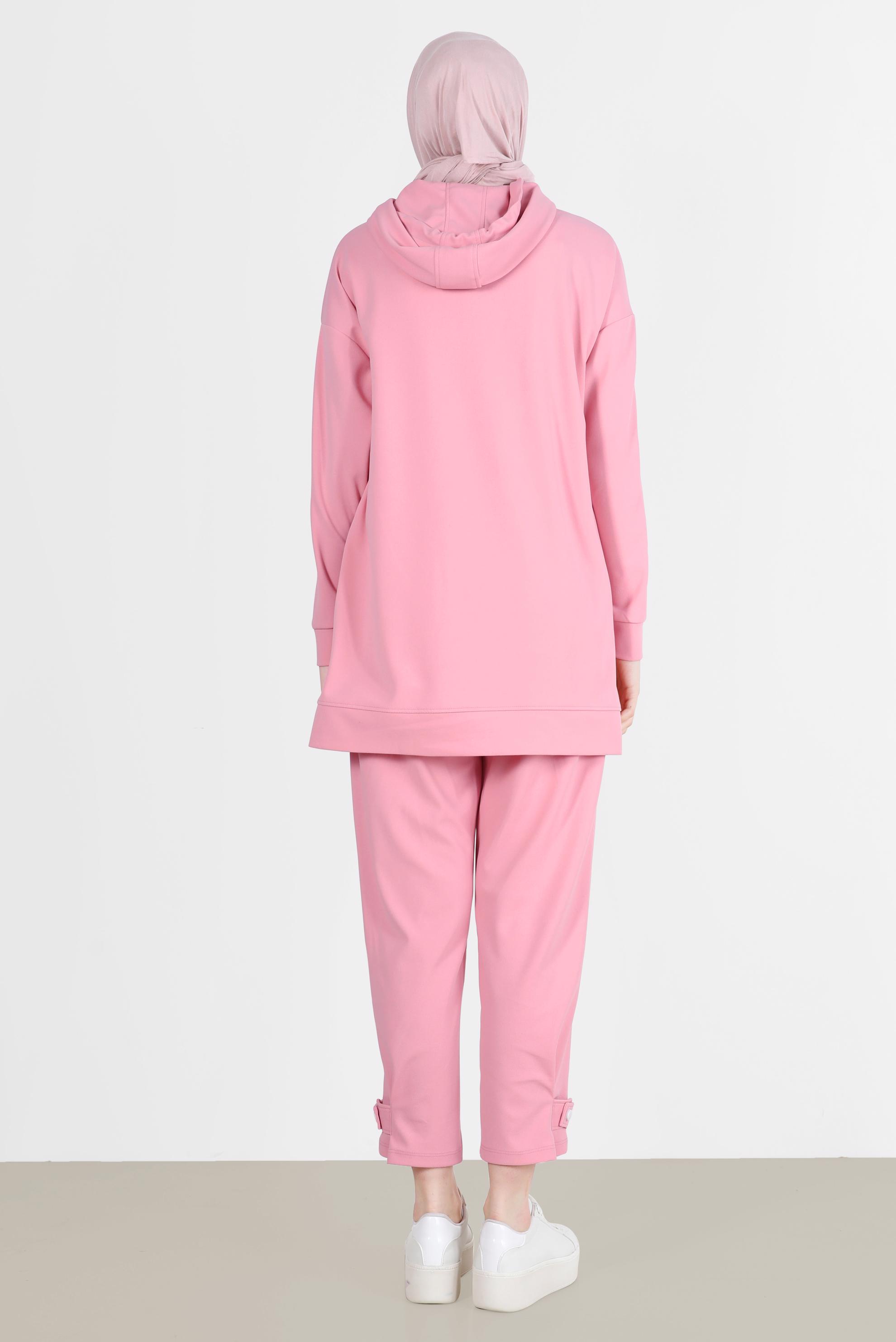 Tesettür giyim PUDRA ÇITÇIT DETAYLI KAPÜŞONLU İKİLİ PANT. EŞOFMAN TAKIMI 42676 