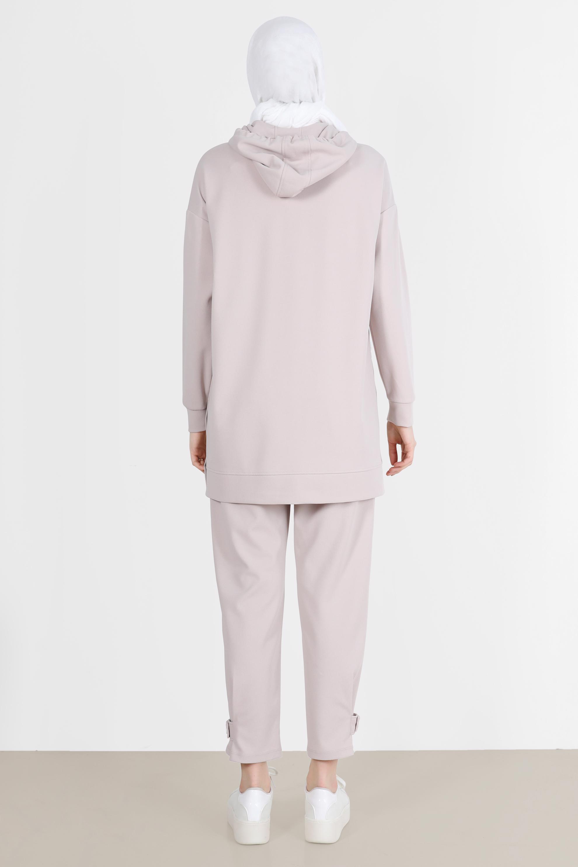 Tesettür giyim BEJ ÇITÇIT DETAYLI KAPÜŞONLU İKİLİ PANT. EŞOFMAN TAKIMI 42676 