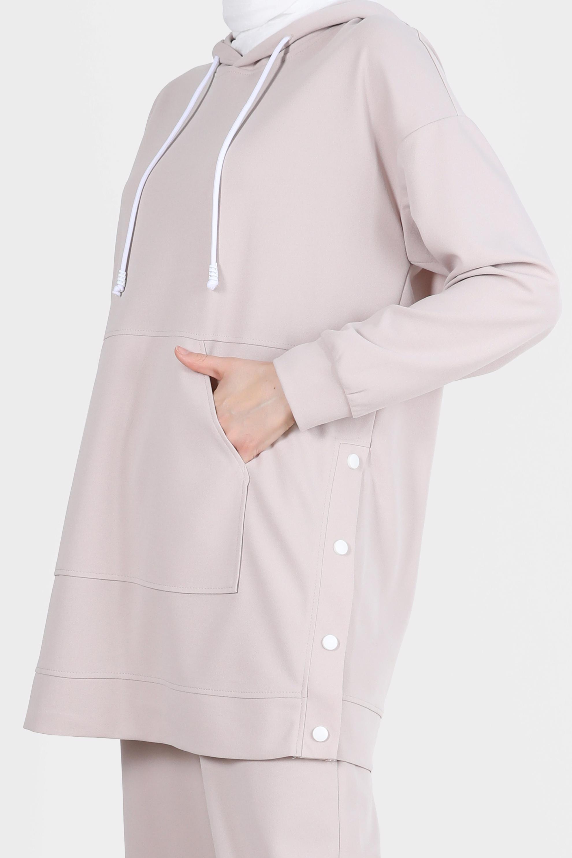 Tesettür giyim BEJ ÇITÇIT DETAYLI KAPÜŞONLU İKİLİ PANT. EŞOFMAN TAKIMI 42676 