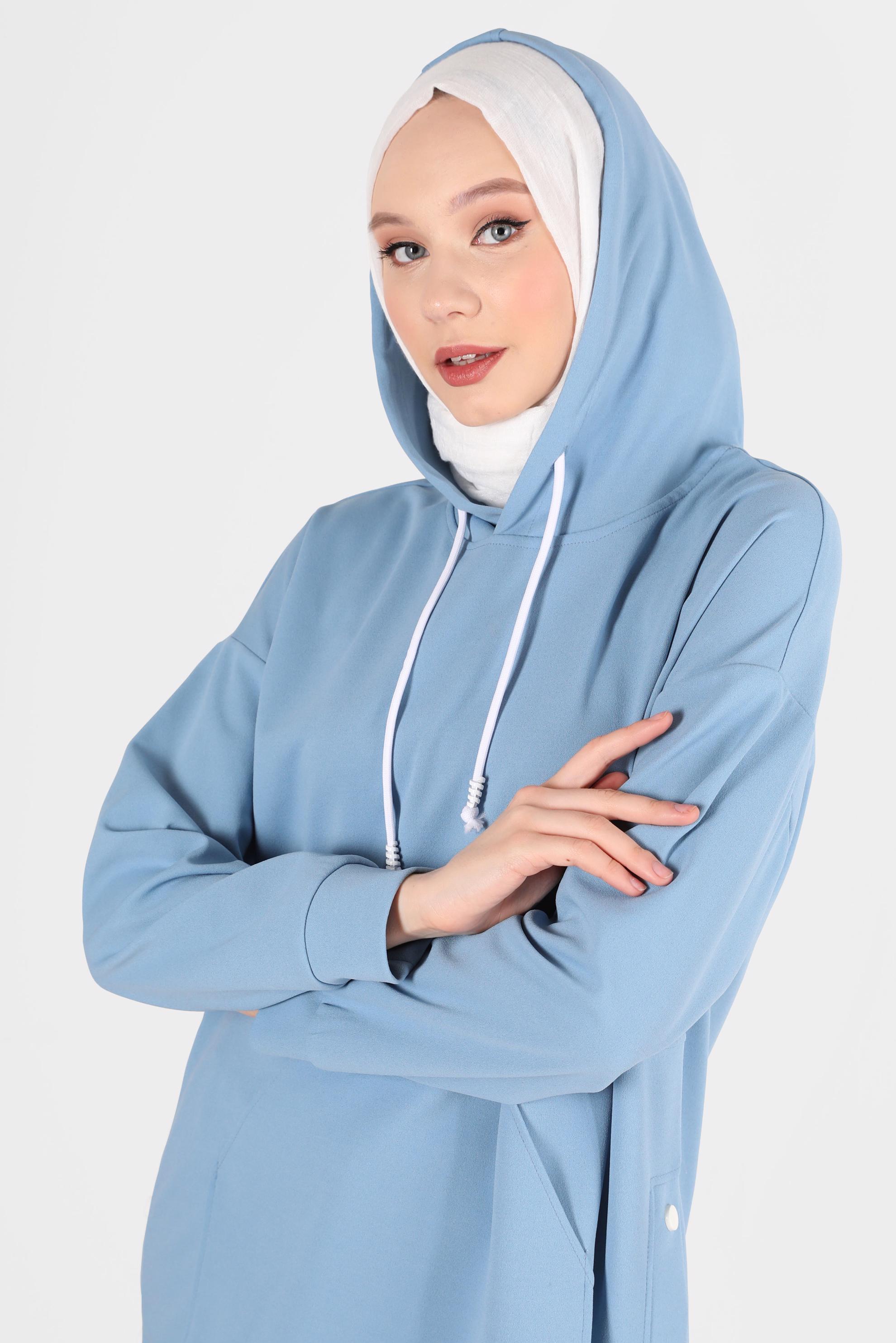 Tesettür giyim MAVİ ÇITÇIT DETAYLI KAPÜŞONLU İKİLİ PANT. EŞOFMAN TAKIMI 42676 