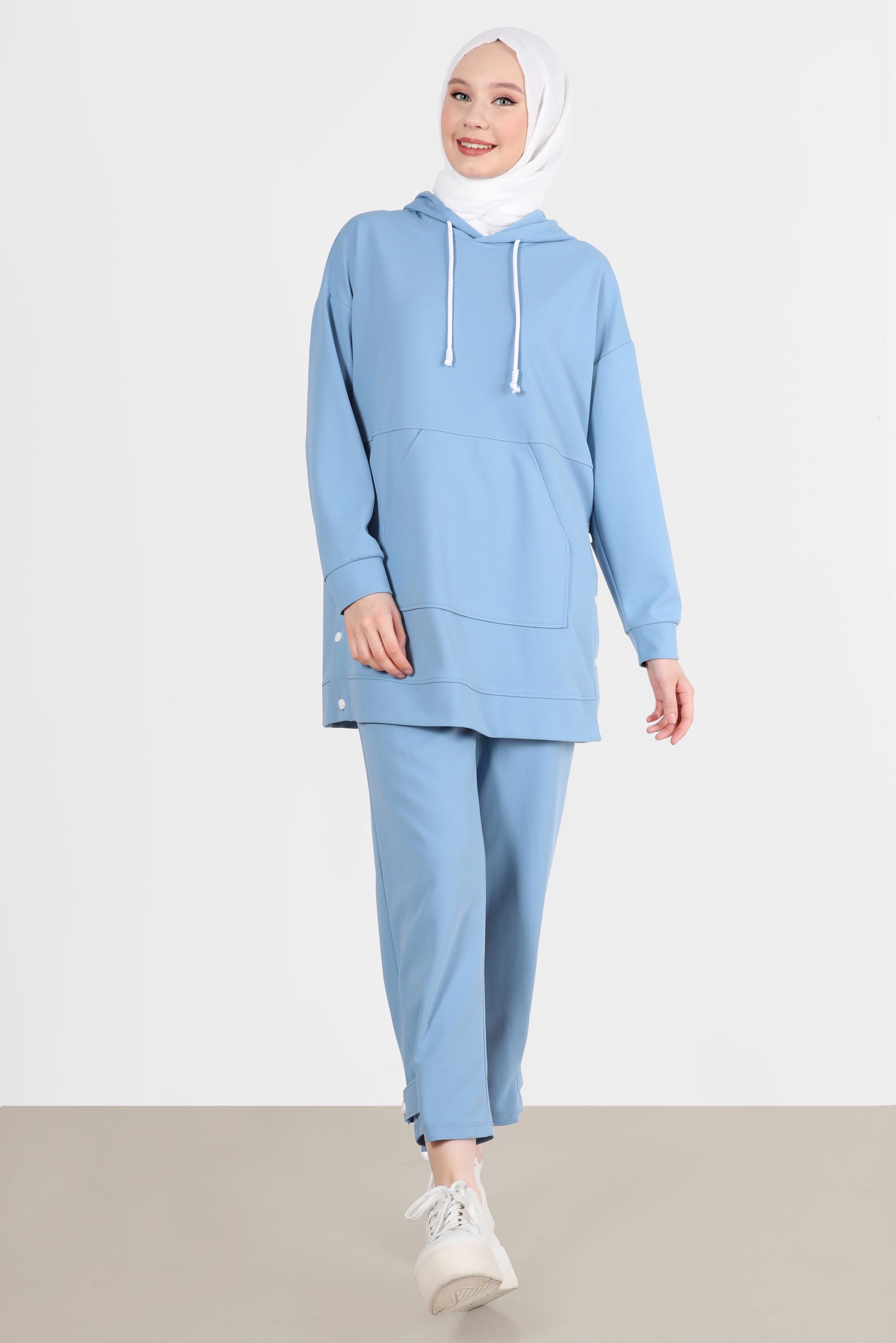 Tesettür giyim MAVİ ÇITÇIT DETAYLI KAPÜŞONLU İKİLİ PANT. EŞOFMAN TAKIMI 42676 