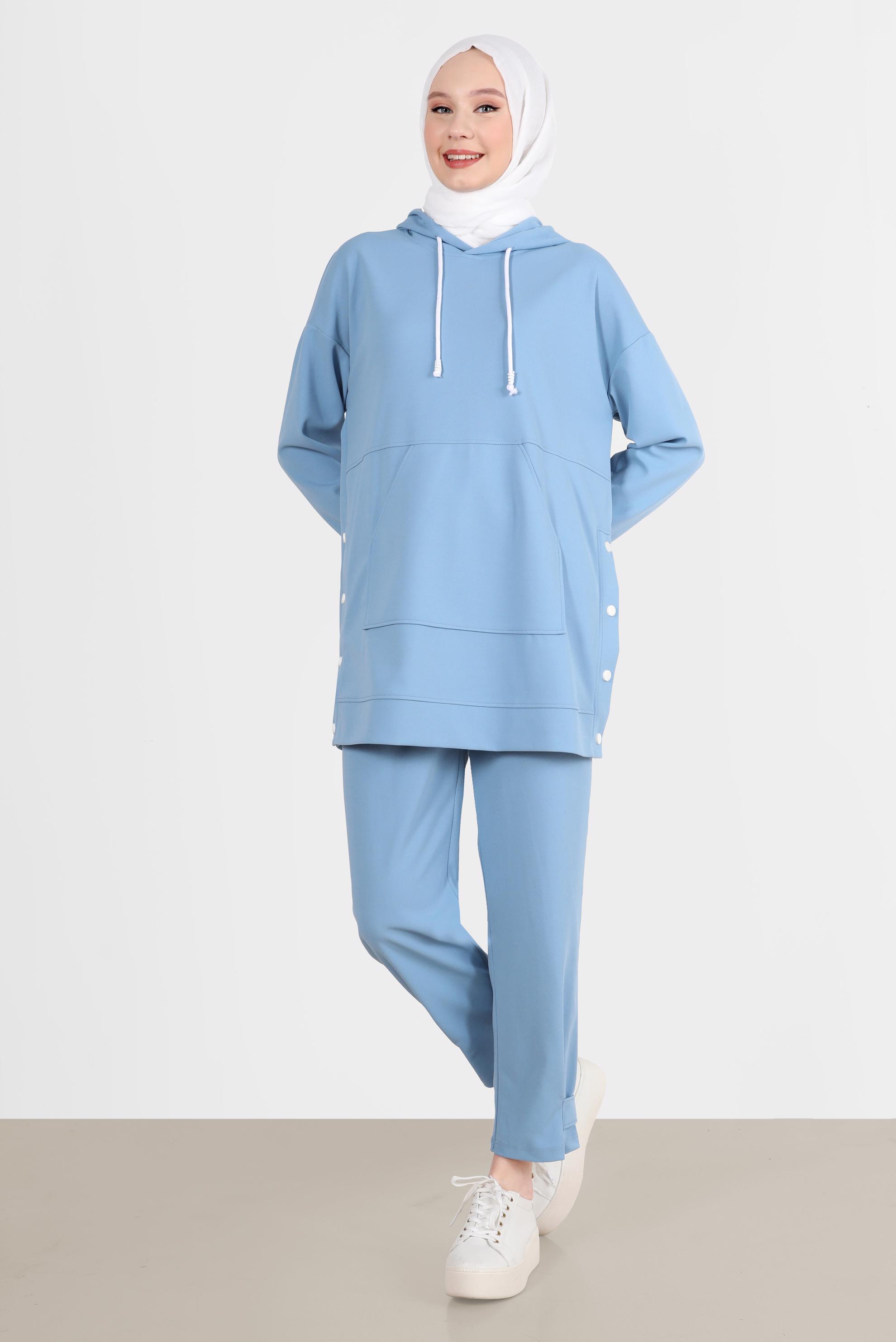 Tesettür giyim MAVİ ÇITÇIT DETAYLI KAPÜŞONLU İKİLİ PANT. EŞOFMAN TAKIMI 42676 