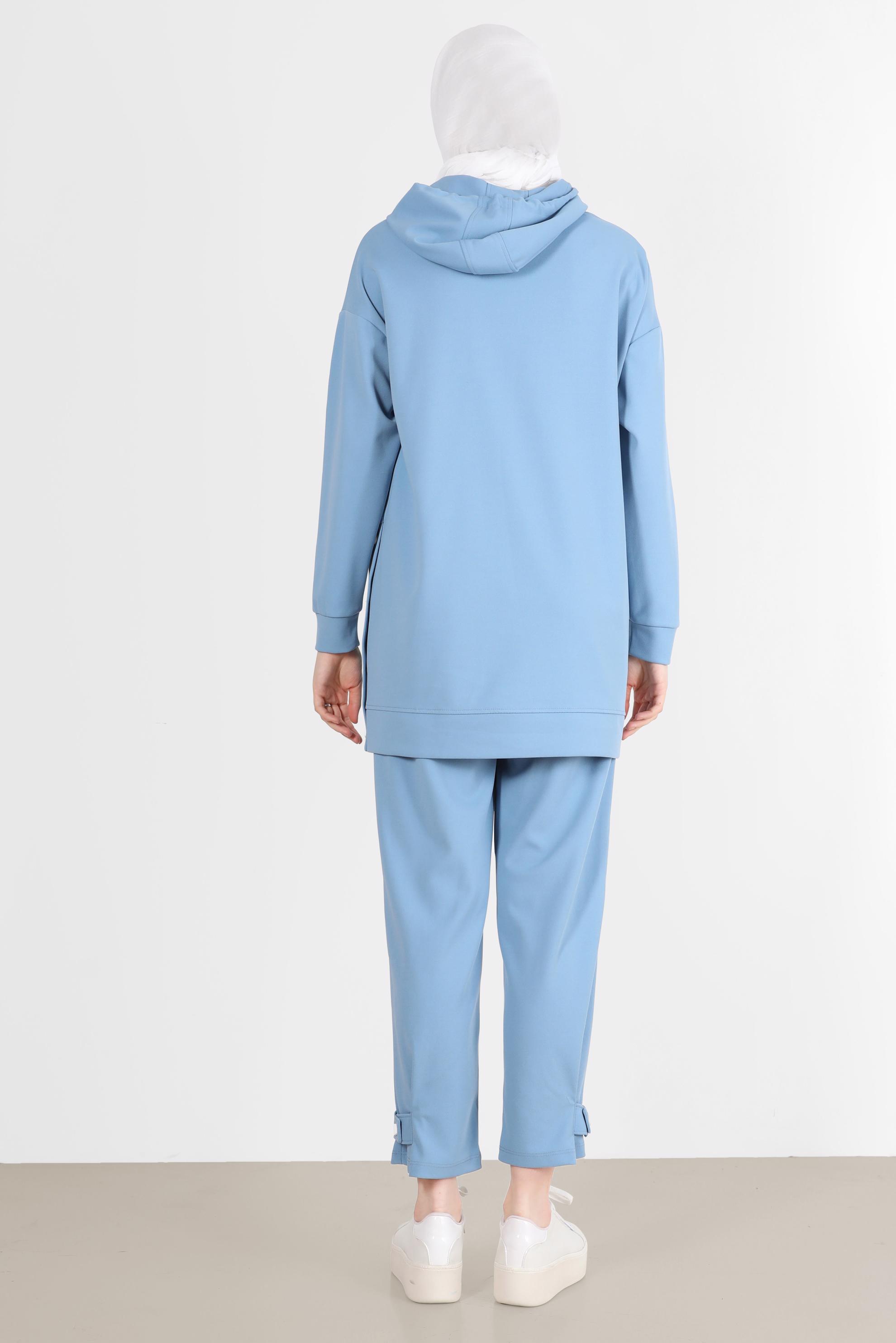 Tesettür giyim MAVİ ÇITÇIT DETAYLI KAPÜŞONLU İKİLİ PANT. EŞOFMAN TAKIMI 42676 