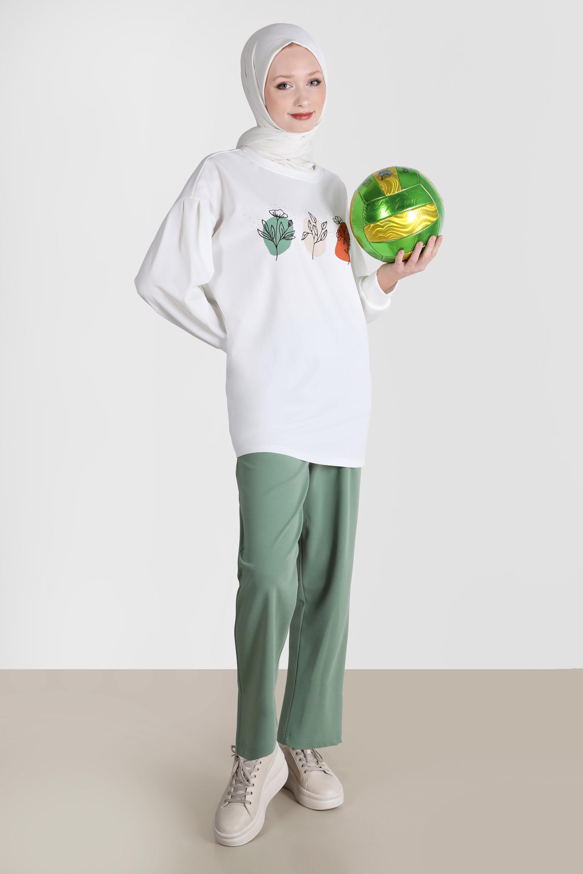 Tesettür giyim YEŞİL BASKI DETAYLI İKİLİ PANT. EŞOFMAN TAKIMI 42677 