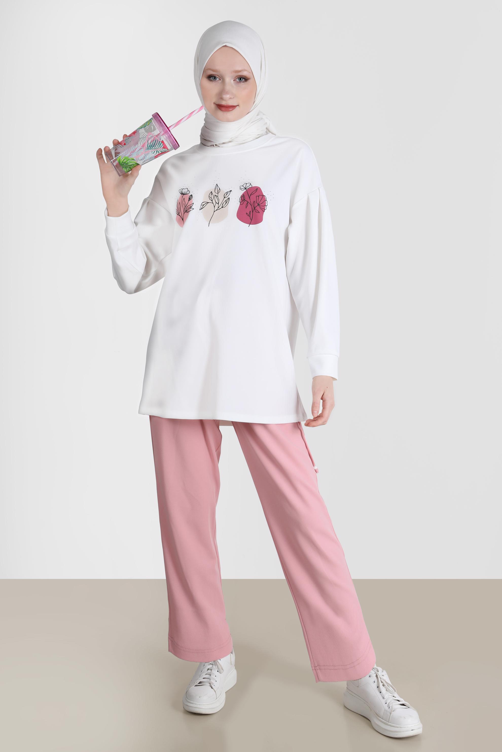 Tesettür giyim PUDRA BASKI DETAYLI İKİLİ PANT. EŞOFMAN TAKIMI 42677 