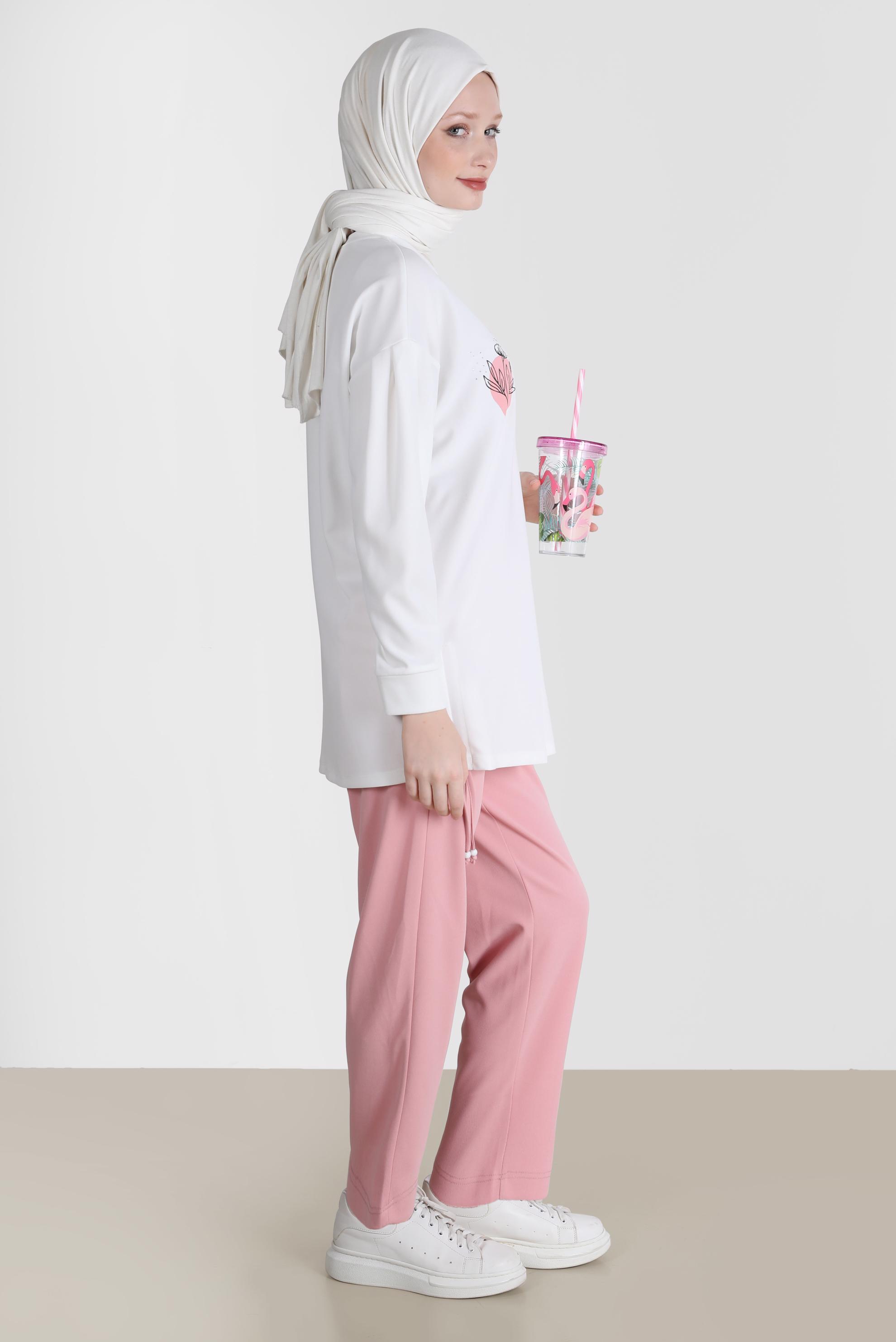 Tesettür giyim PUDRA BASKI DETAYLI İKİLİ PANT. EŞOFMAN TAKIMI 42677 