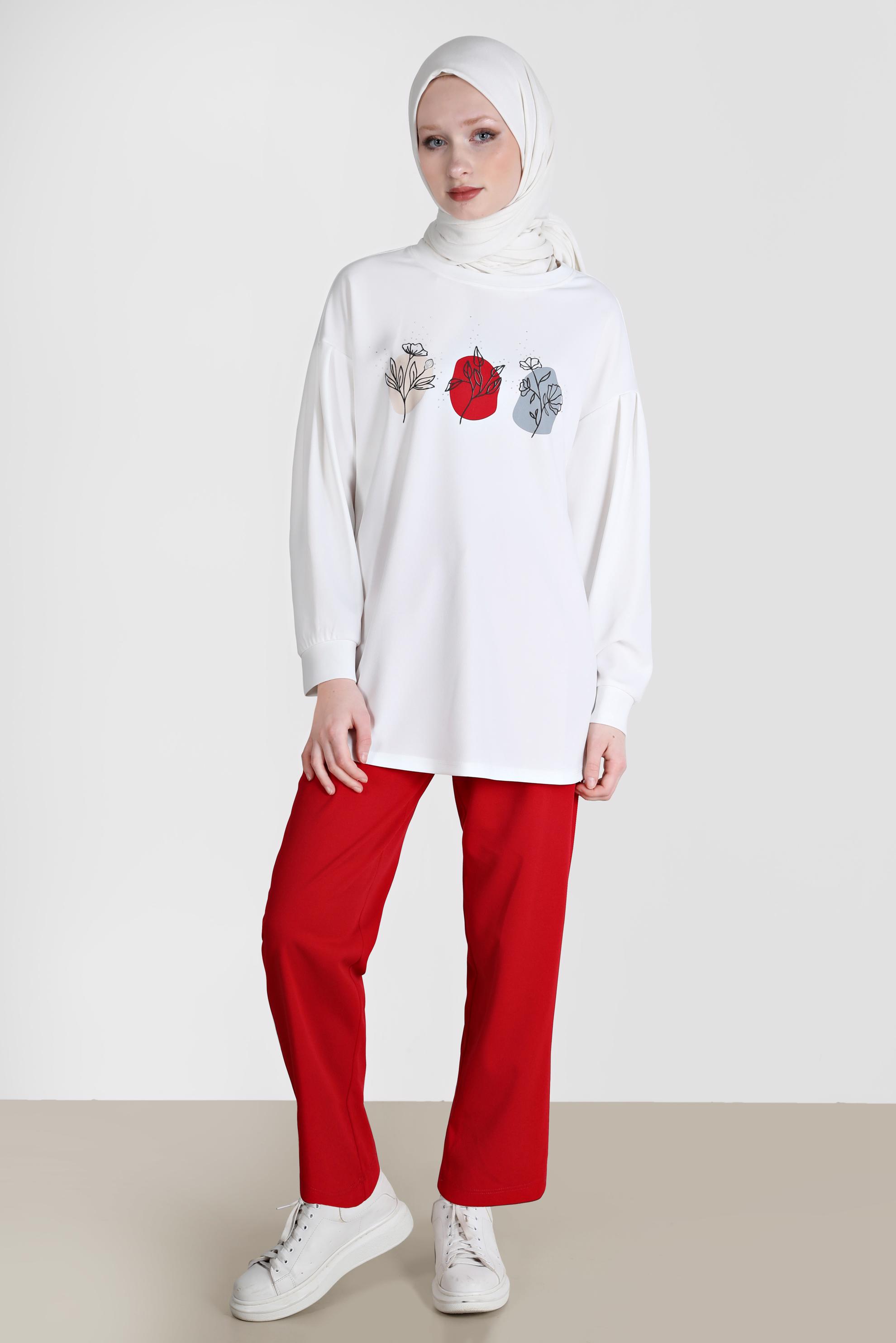 Tesettür giyim KIRMIZI BASKI DETAYLI İKİLİ PANT. EŞOFMAN TAKIMI 42677 