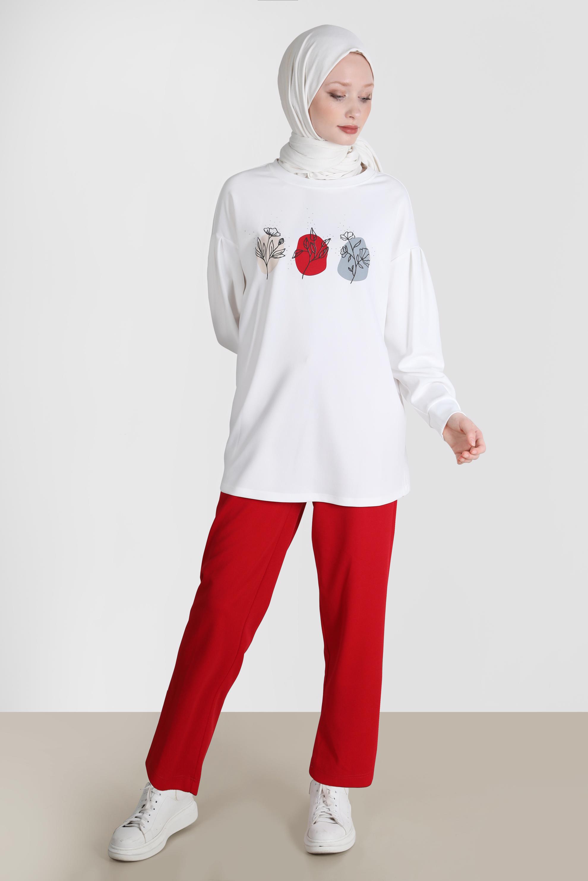 Tesettür giyim KIRMIZI BASKI DETAYLI İKİLİ PANT. EŞOFMAN TAKIMI 42677 