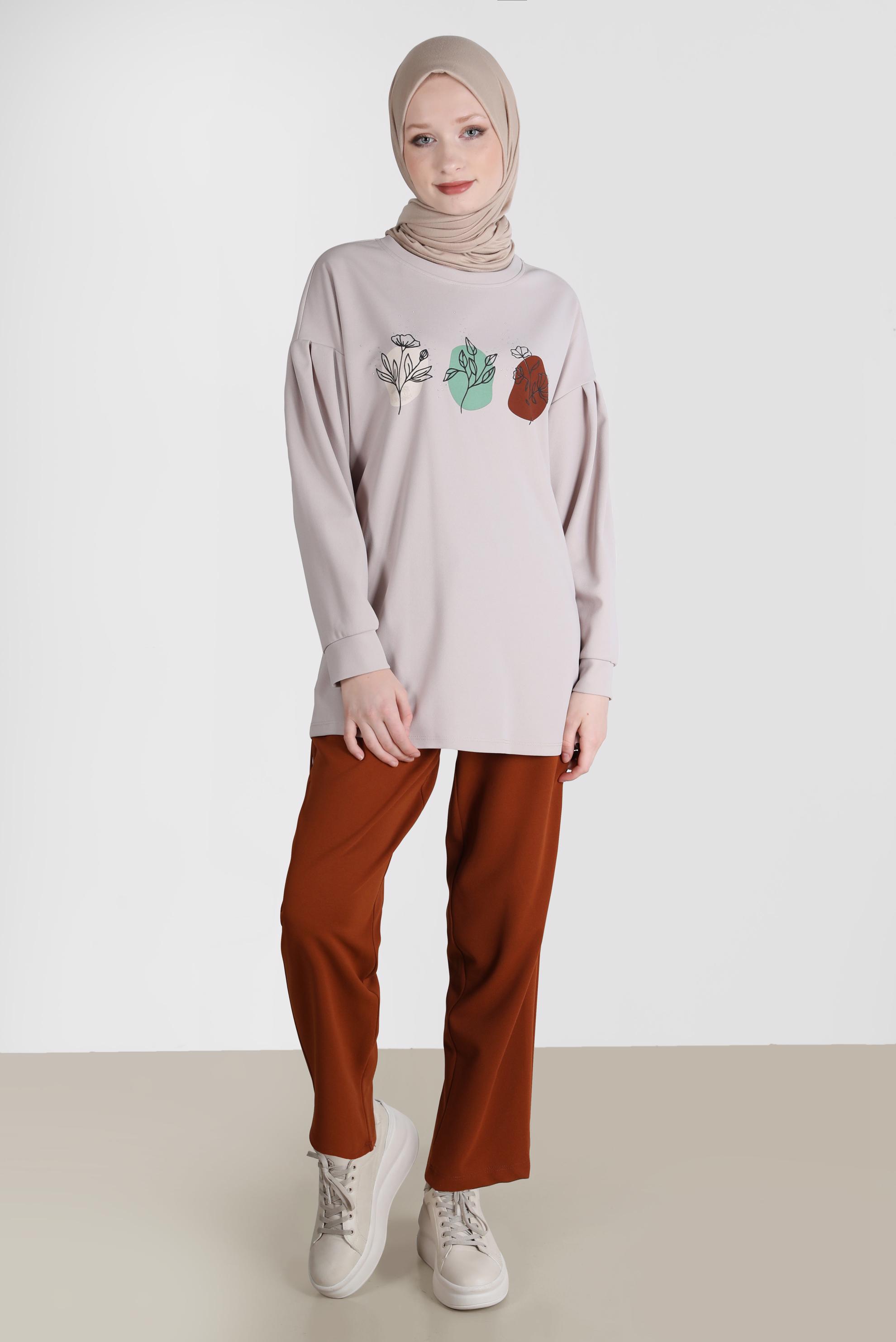 Tesettür giyim BORDO BASKI DETAYLI İKİLİ PANT. EŞOFMAN TAKIMI 42677 