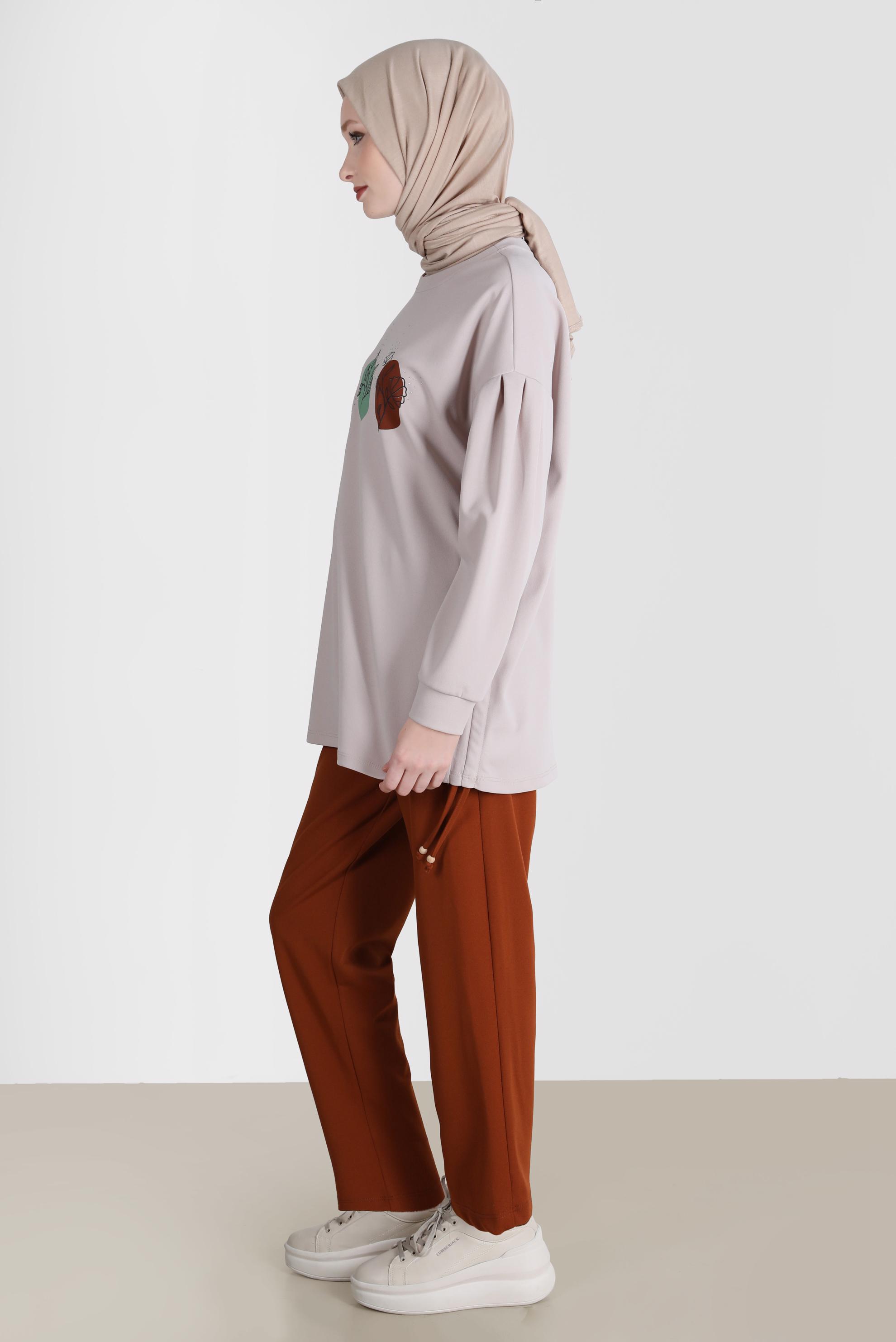 Tesettür giyim BORDO BASKI DETAYLI İKİLİ PANT. EŞOFMAN TAKIMI 42677 