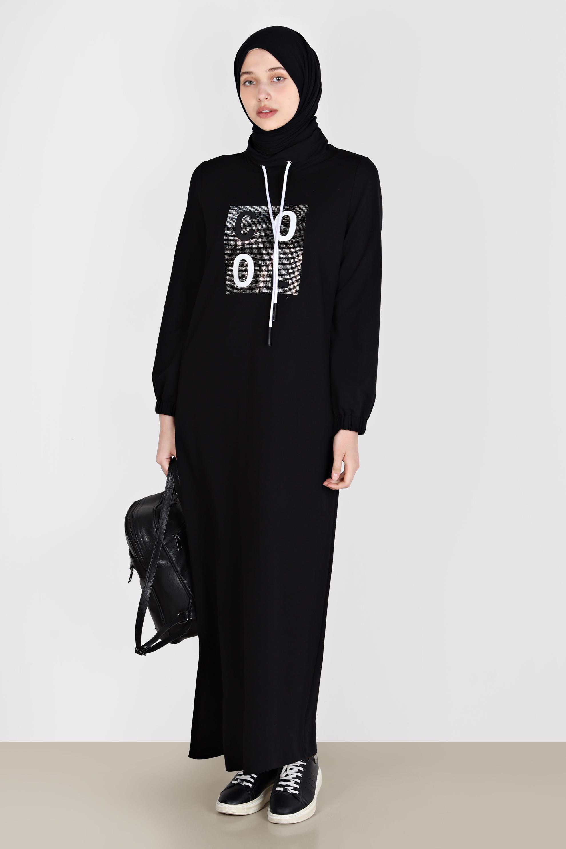 Tesettür giyim SİYAH TAŞ BASKILI EŞOFMAN ELBİSE 42678