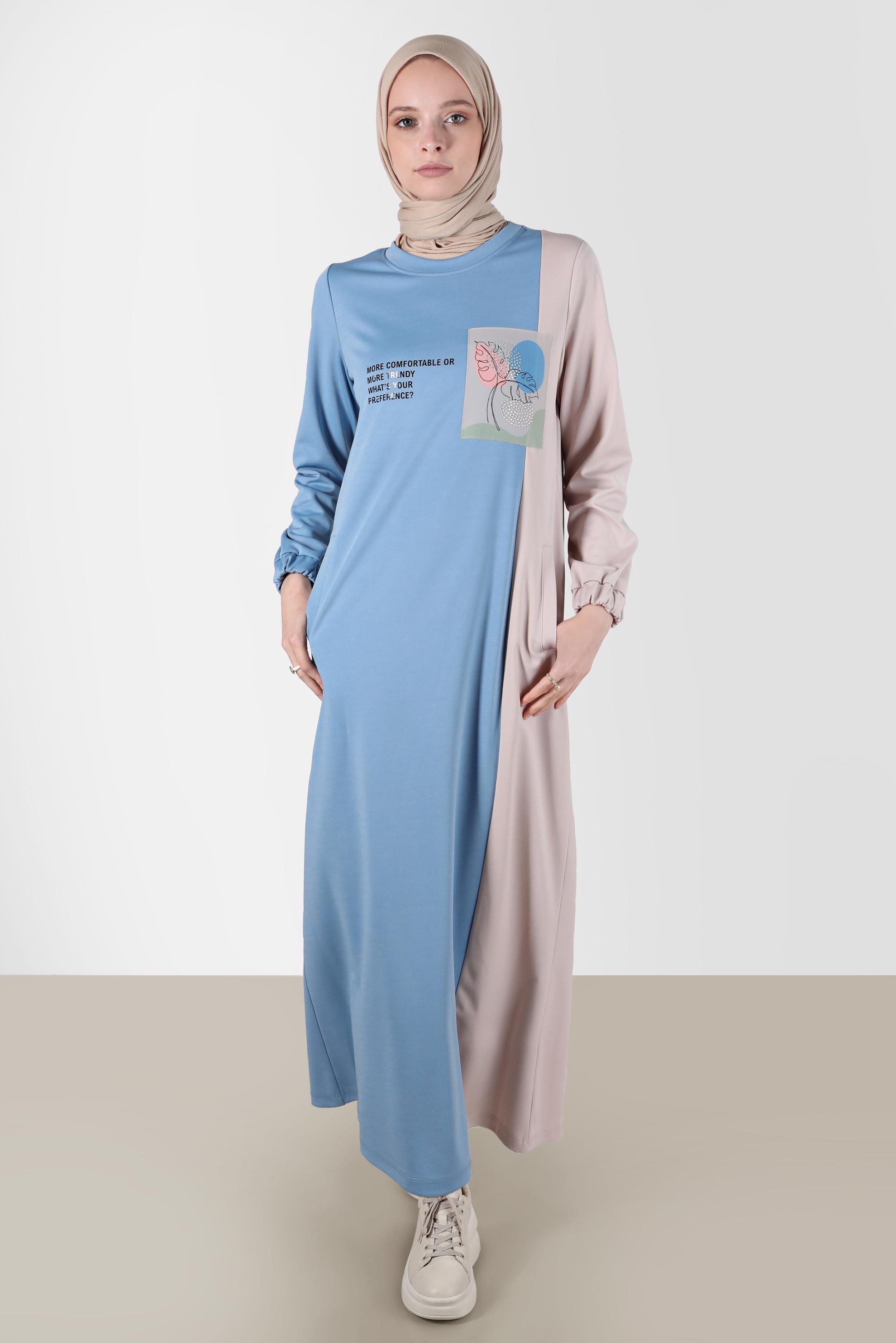Vêtements hijab BLEU ROBE DE SURVÊTEMENT BICOLORE DÉTAIL SLOGAN 42679