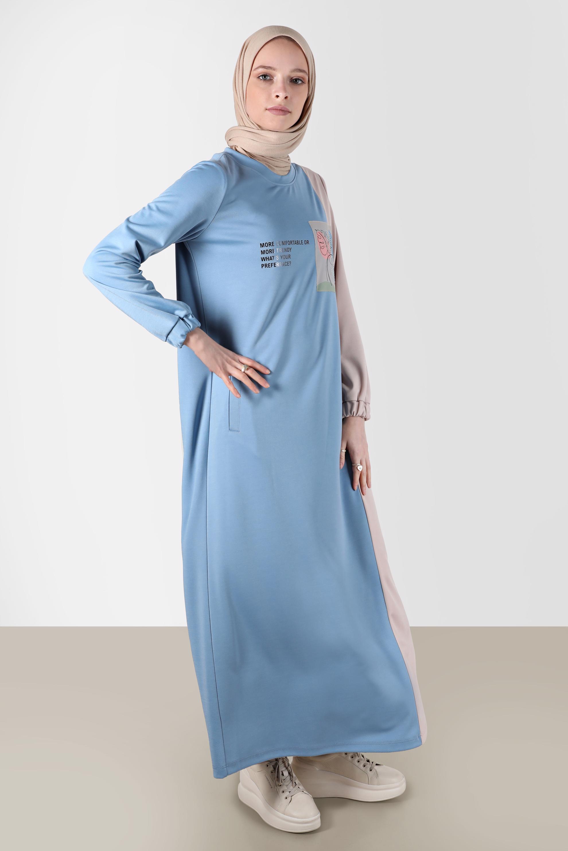 Vêtements hijab BLEU ROBE DE SURVÊTEMENT BICOLORE DÉTAIL SLOGAN 42679