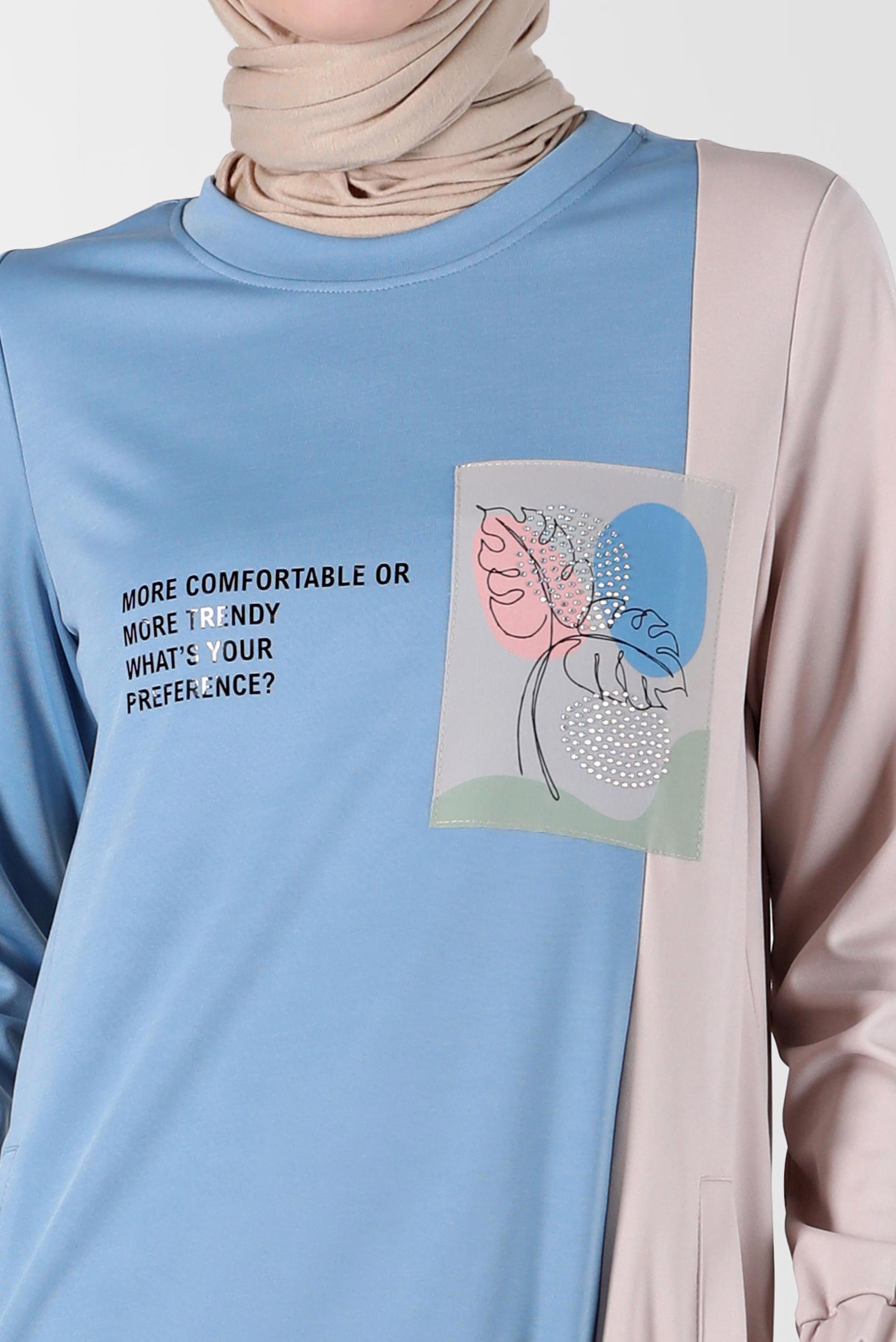 Vêtements hijab BLEU ROBE DE SURVÊTEMENT BICOLORE DÉTAIL SLOGAN 42679