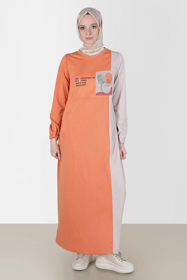 Vêtements hijab ORANGE ROBE DE SURVÊTEMENT BICOLORE DÉTAIL SLOGAN 42679 - ALVİNA