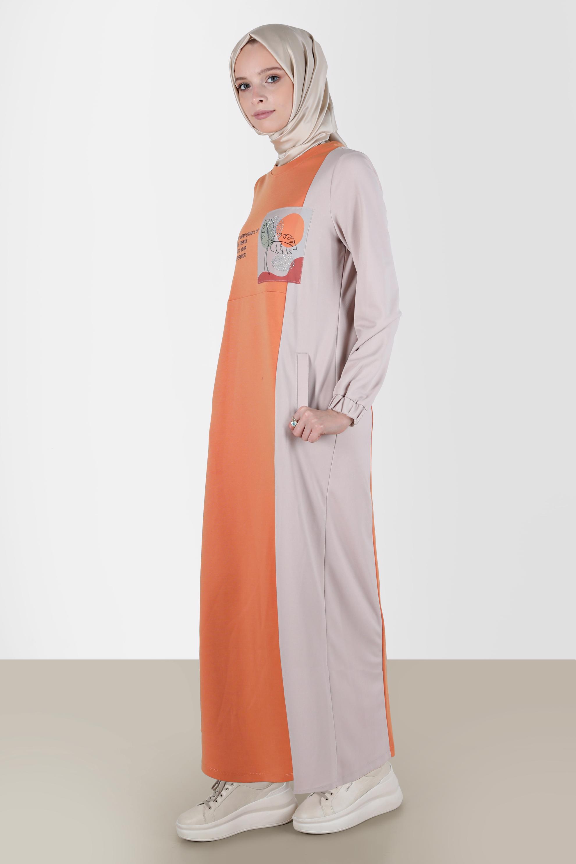 Vêtements hijab ORANGE ROBE DE SURVÊTEMENT BICOLORE DÉTAIL SLOGAN 42679