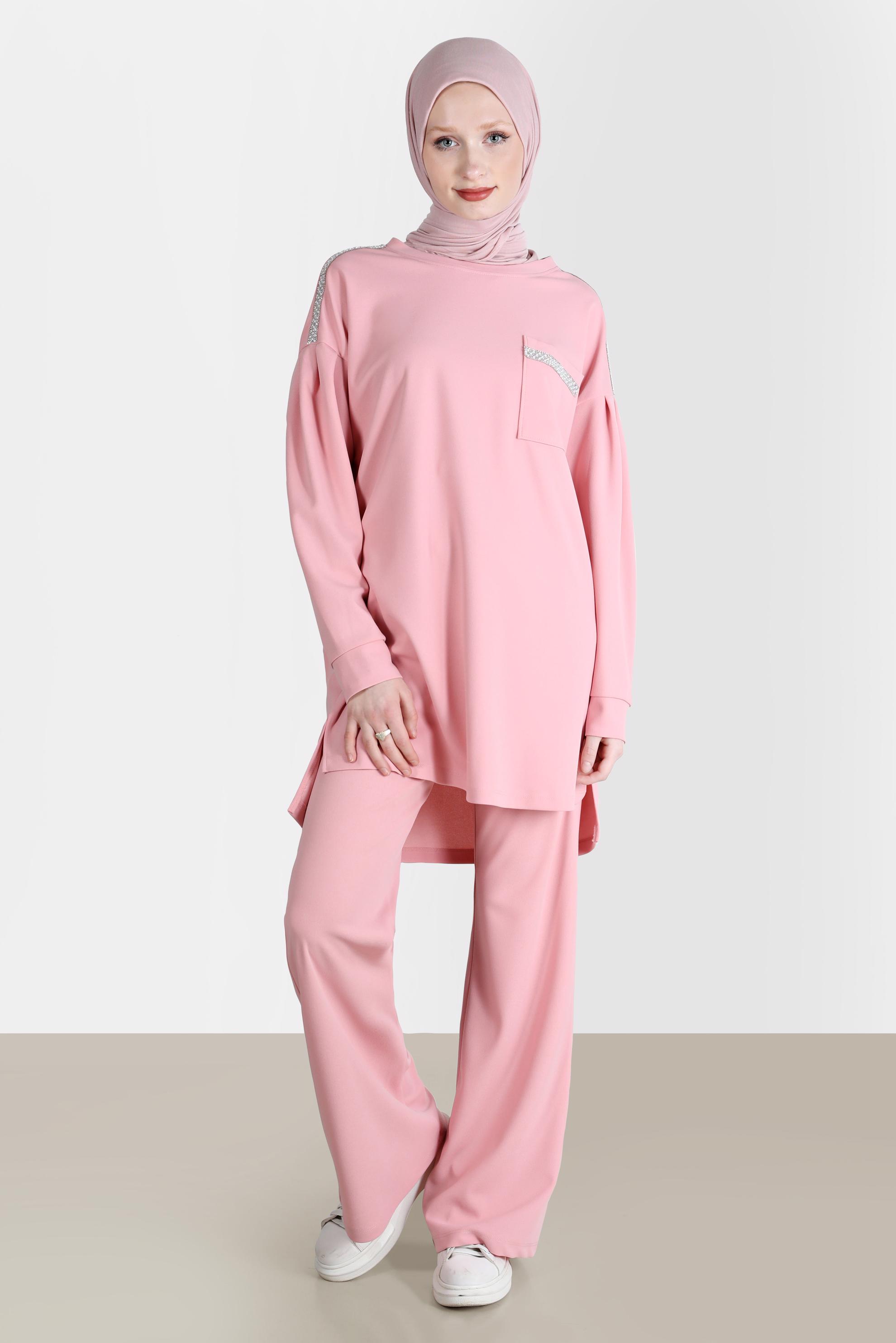 Tesettür giyim PUDRA TAŞ DETAYLI İKİLİ PANT. EŞOFMAN TAKIM 42680 