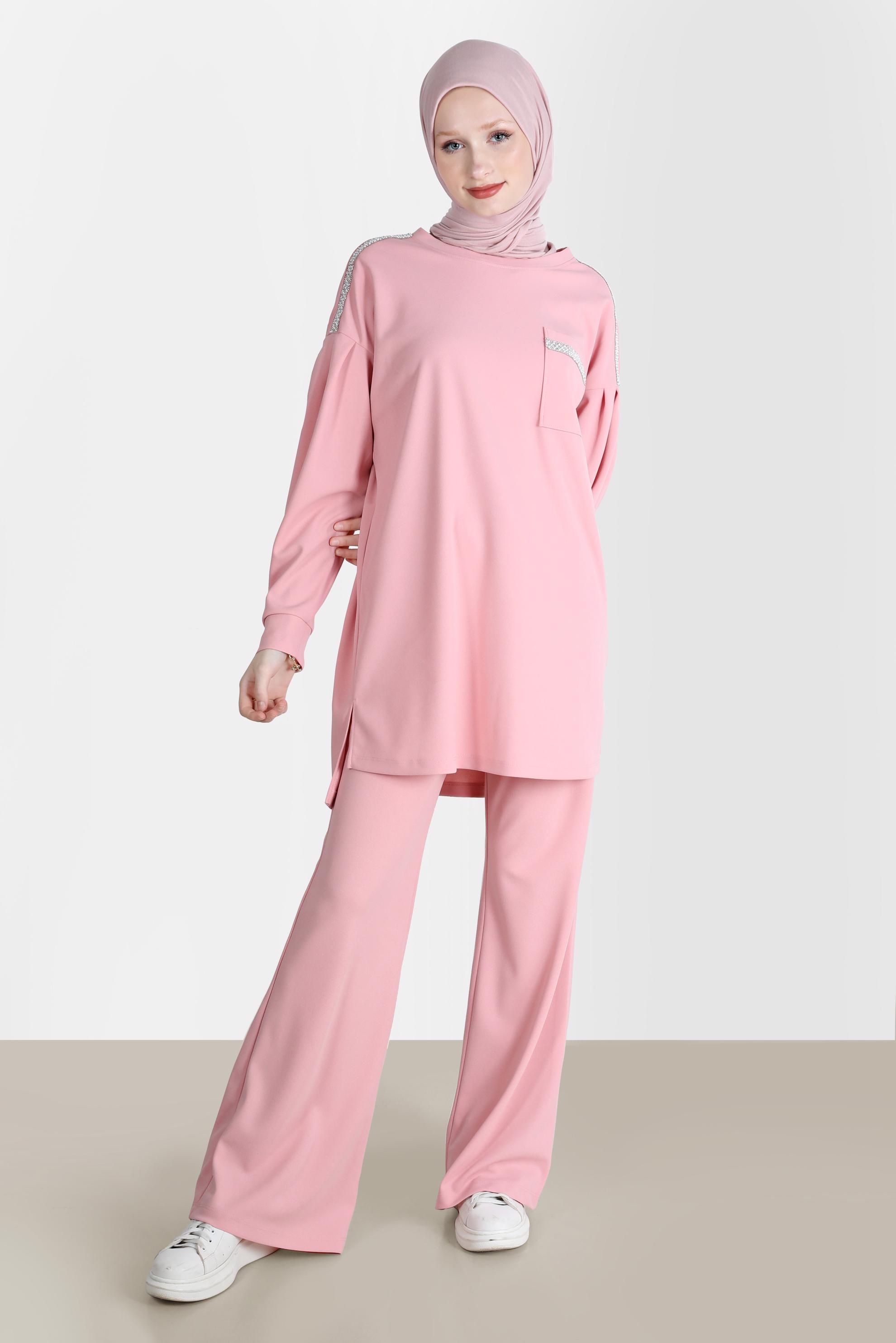 Tesettür giyim PUDRA TAŞ DETAYLI İKİLİ PANT. EŞOFMAN TAKIM 42680 