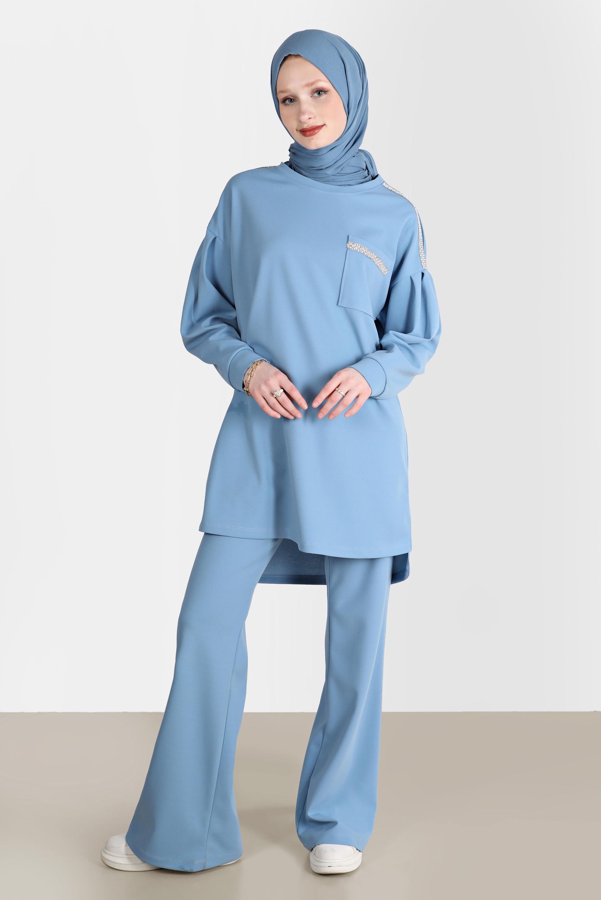 Tesettür giyim MAVİ TAŞ DETAYLI İKİLİ PANT. EŞOFMAN TAKIM 42680 