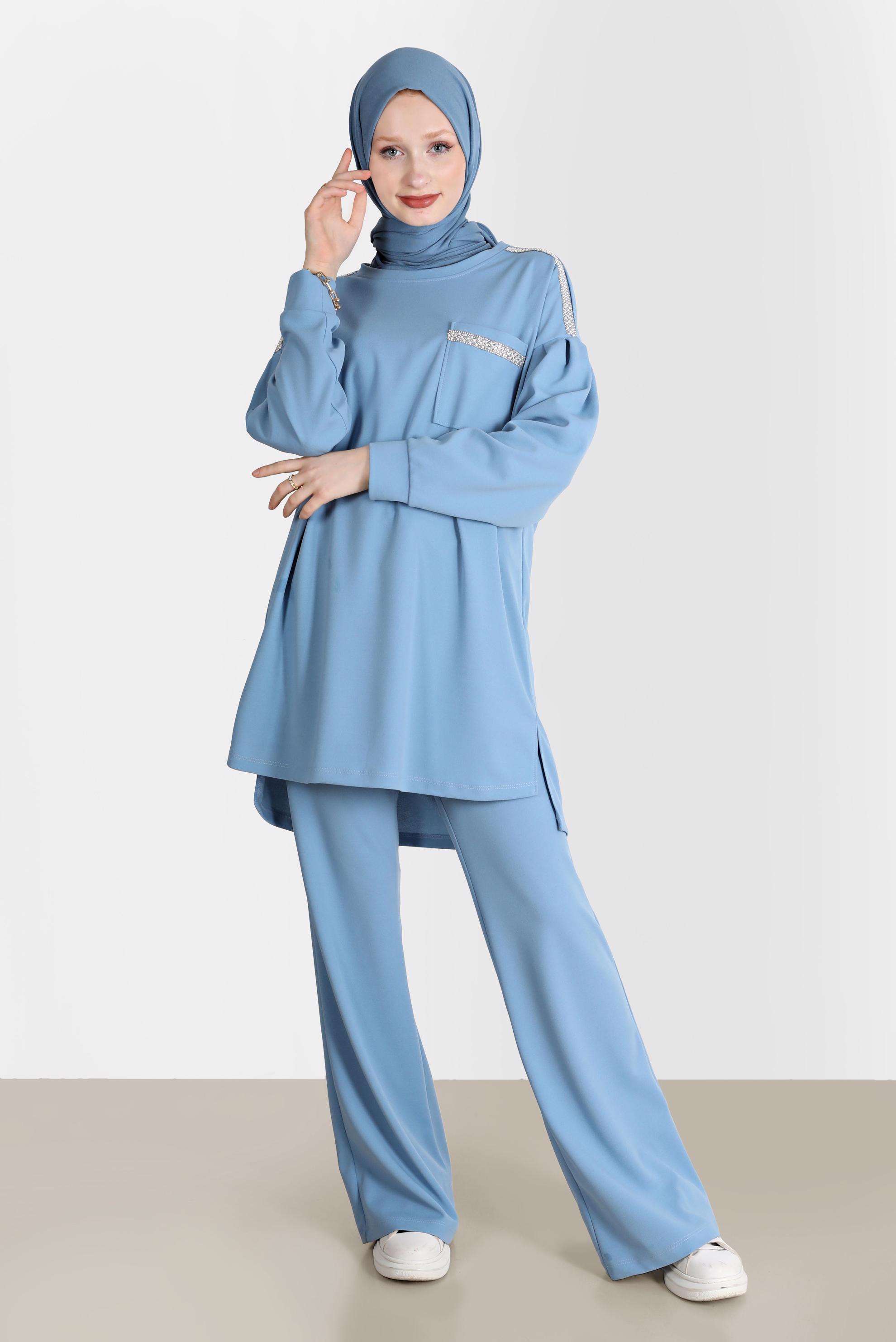 Tesettür giyim MAVİ TAŞ DETAYLI İKİLİ PANT. EŞOFMAN TAKIM 42680 