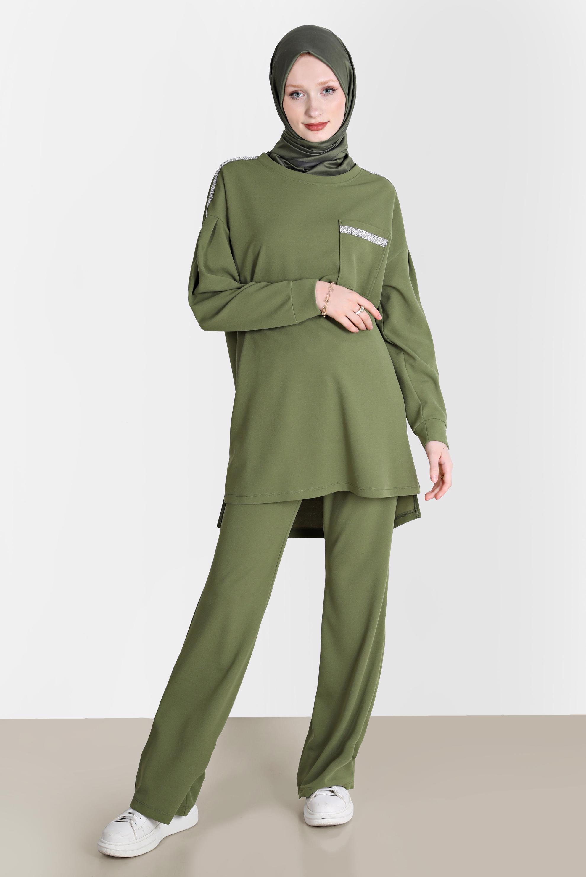 Tesettür giyim YEŞİL TAŞ DETAYLI İKİLİ PANT. EŞOFMAN TAKIM 42680 