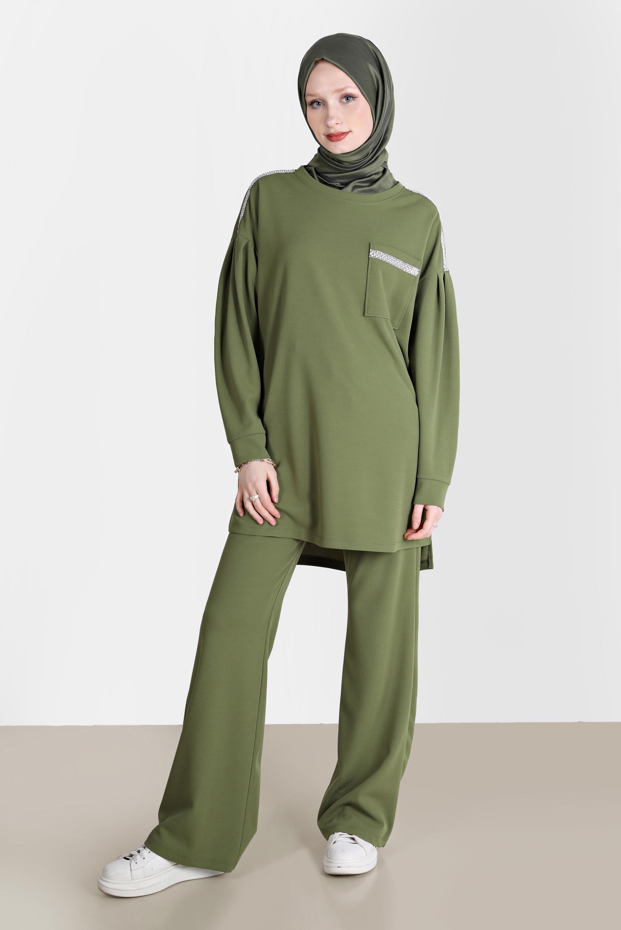 Tesettür giyim YEŞİL TAŞ DETAYLI İKİLİ PANT. EŞOFMAN TAKIM 42680 