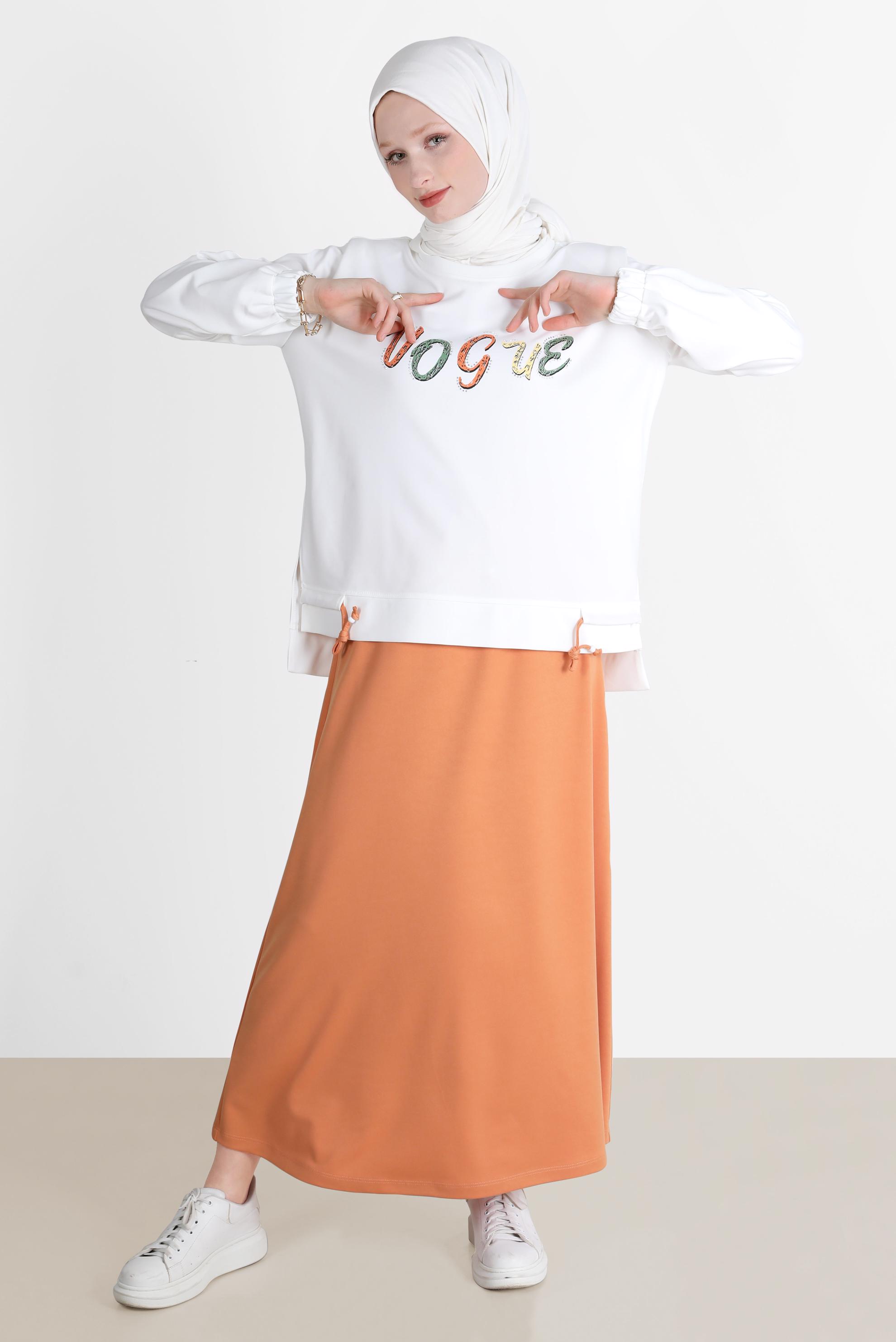 Tesettür giyim TURUNCU BASKILI İKİLİ ETEKLİ EŞOFMAN TAKIM 42715 