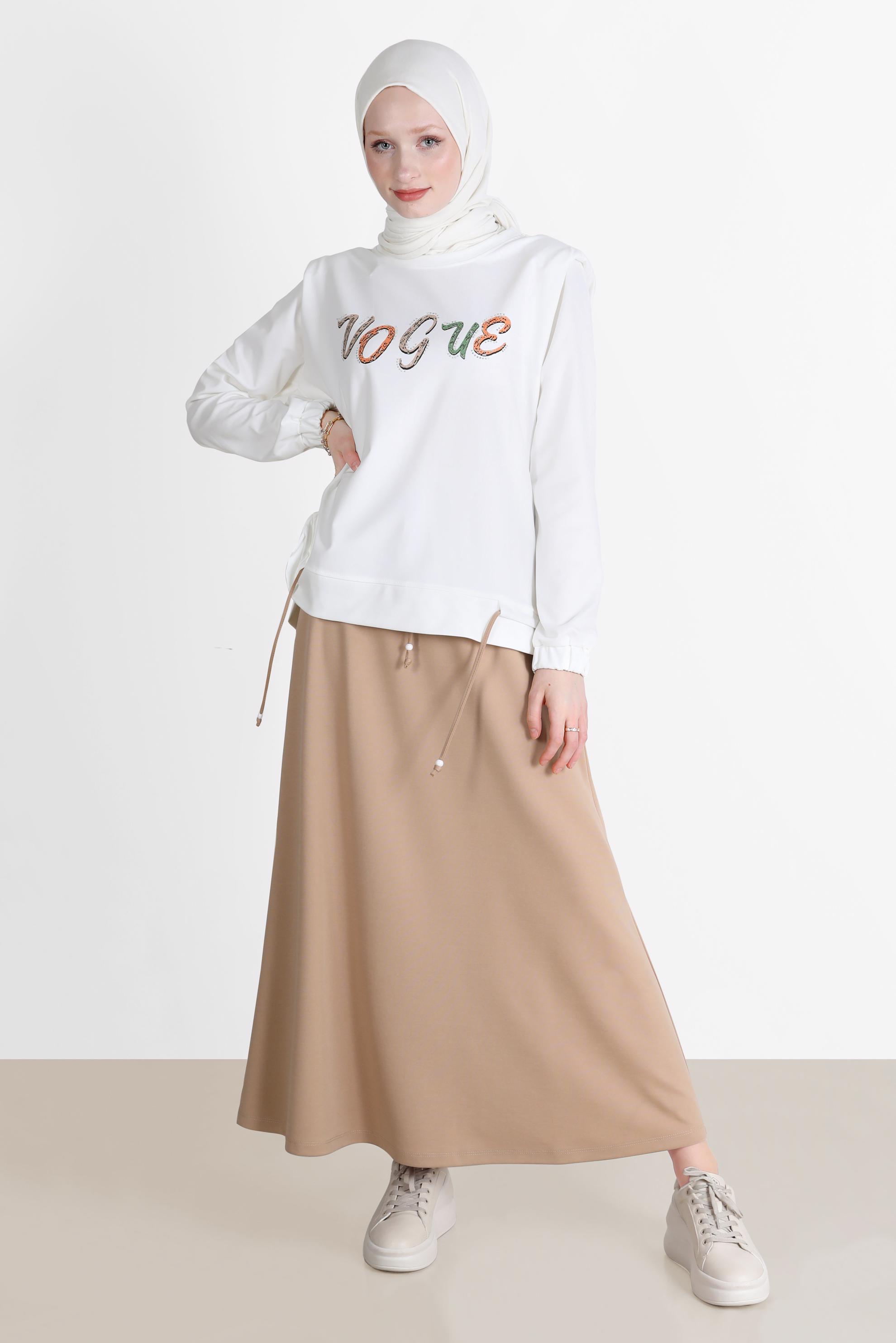 Tesettür giyim KAHVE BASKILI İKİLİ ETEKLİ EŞOFMAN TAKIM 42715 