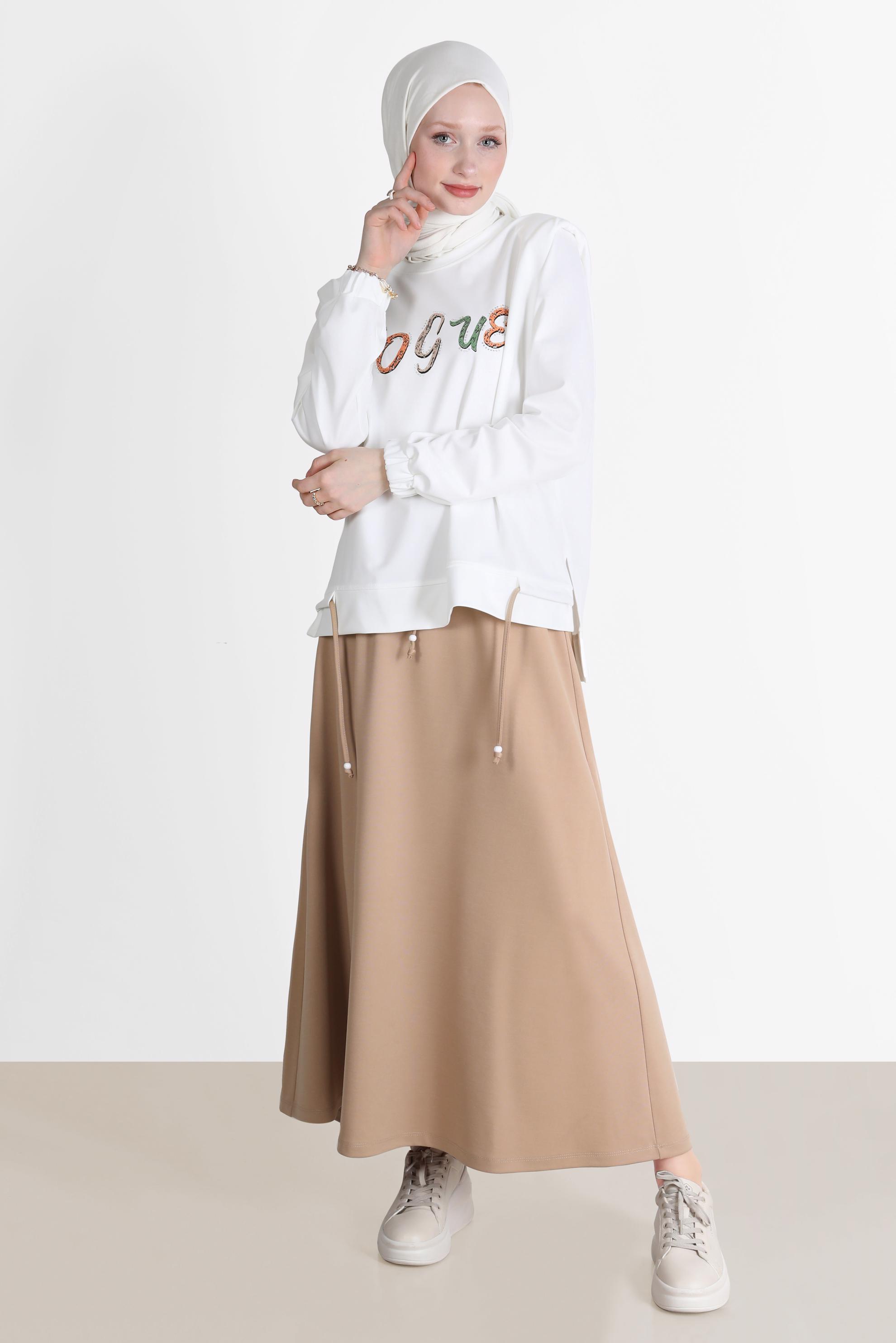 Tesettür giyim KAHVE BASKILI İKİLİ ETEKLİ EŞOFMAN TAKIM 42715 