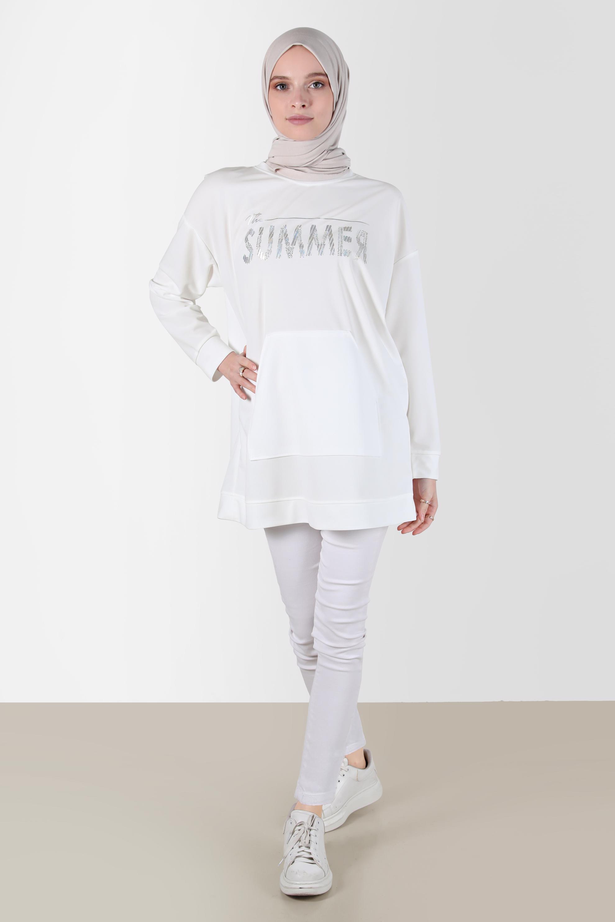Tesettür giyim BEYAZ YAZI BASKILI EŞOFMAN TUNİK 42740 