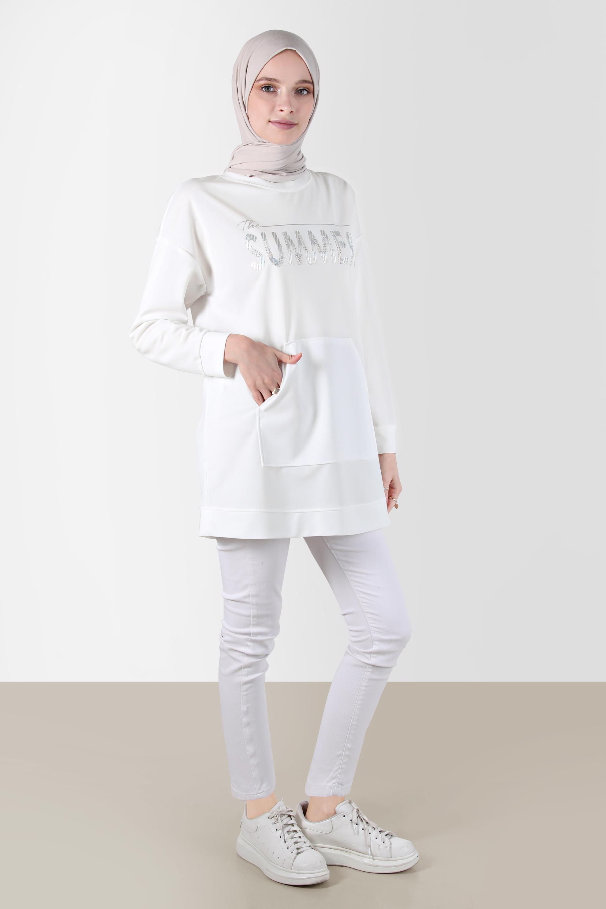 Tesettür giyim BEYAZ YAZI BASKILI EŞOFMAN TUNİK 42740 