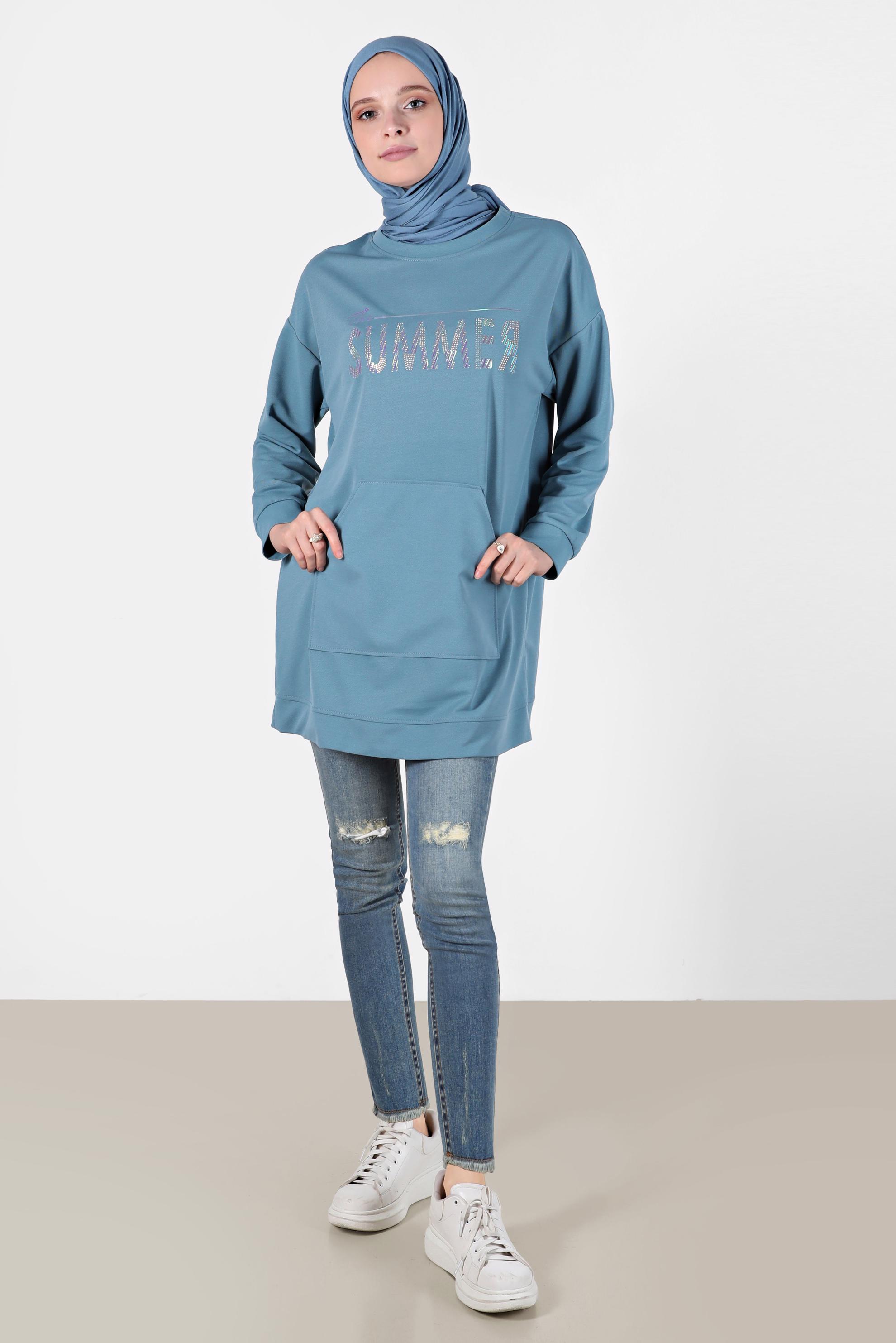 Tesettür giyim MAVİ YAZI BASKILI EŞOFMAN TUNİK 42740 