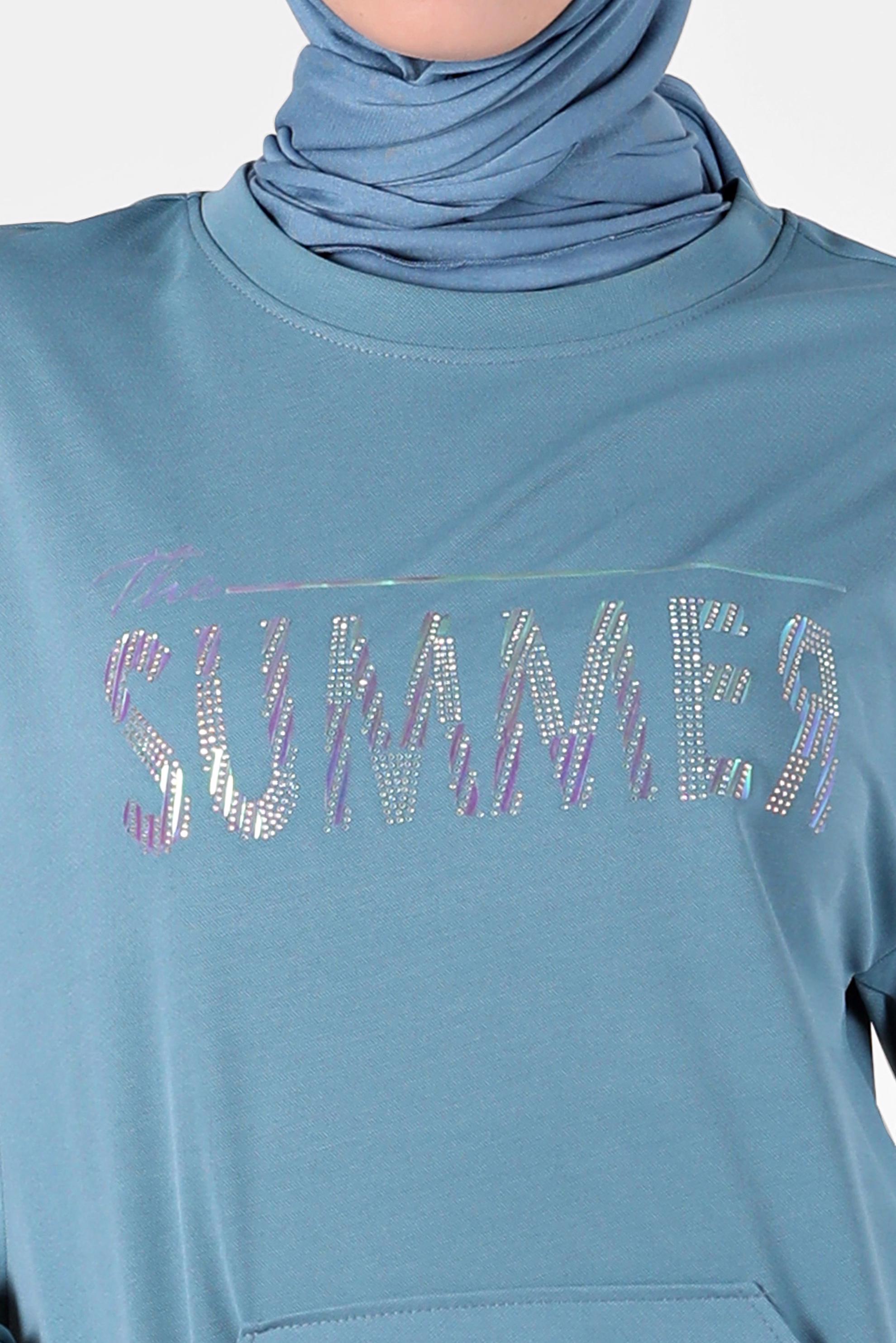 Tesettür giyim MAVİ YAZI BASKILI EŞOFMAN TUNİK 42740 