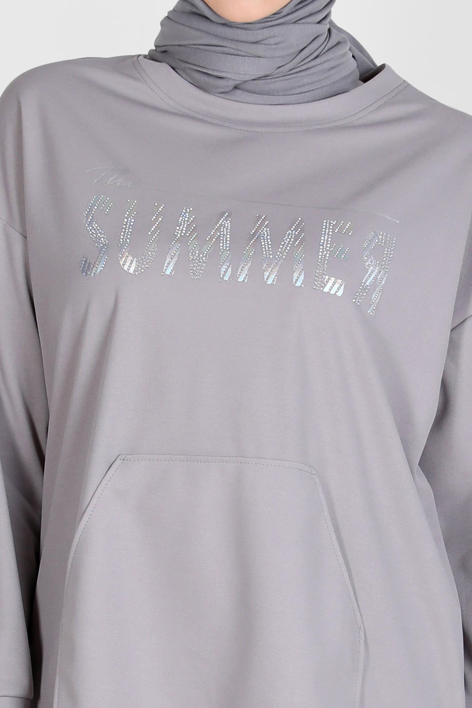 Tesettür giyim GRİ YAZI BASKILI EŞOFMAN TUNİK 42740 