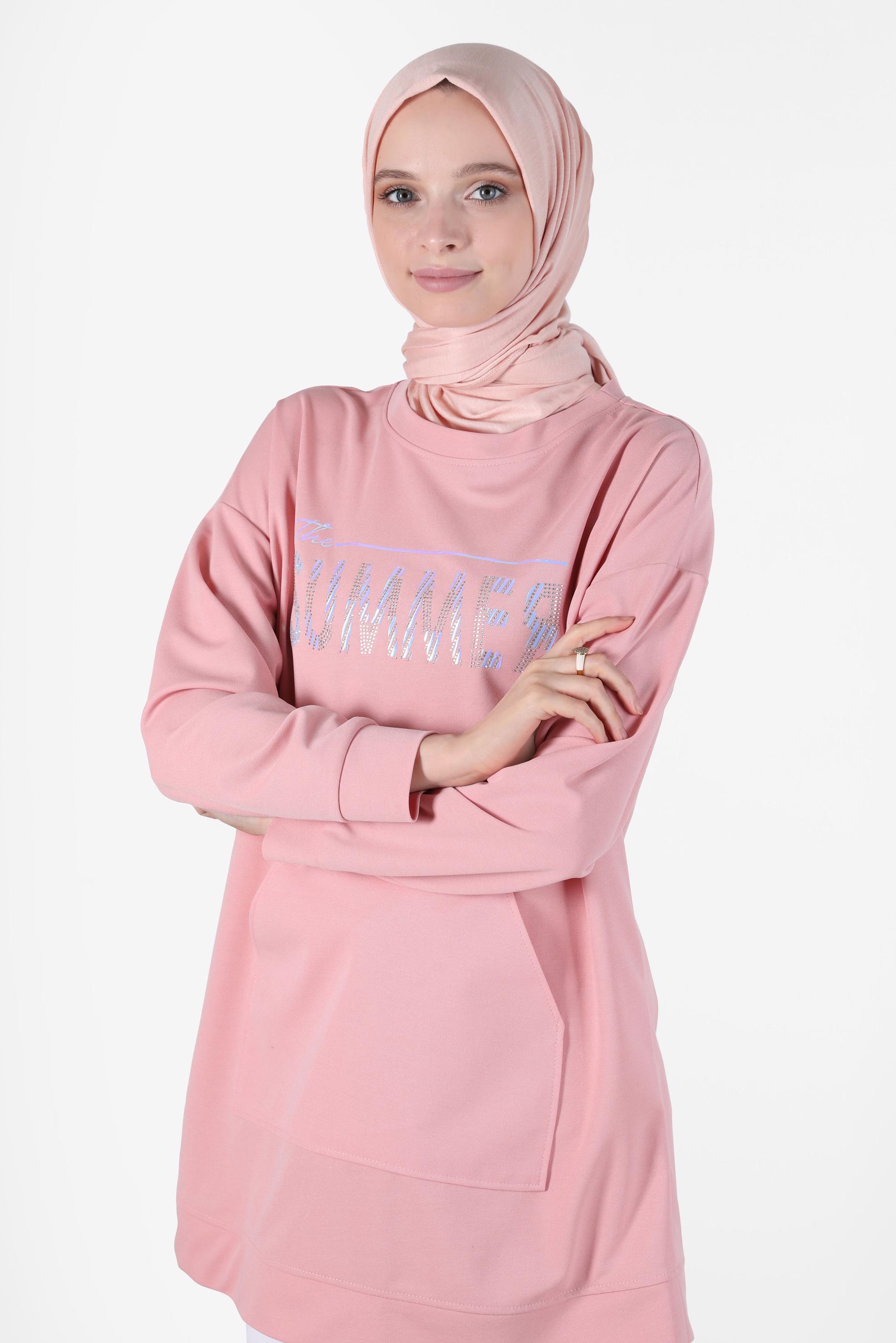 Tesettür giyim PUDRA YAZI BASKILI EŞOFMAN TUNİK 42740 