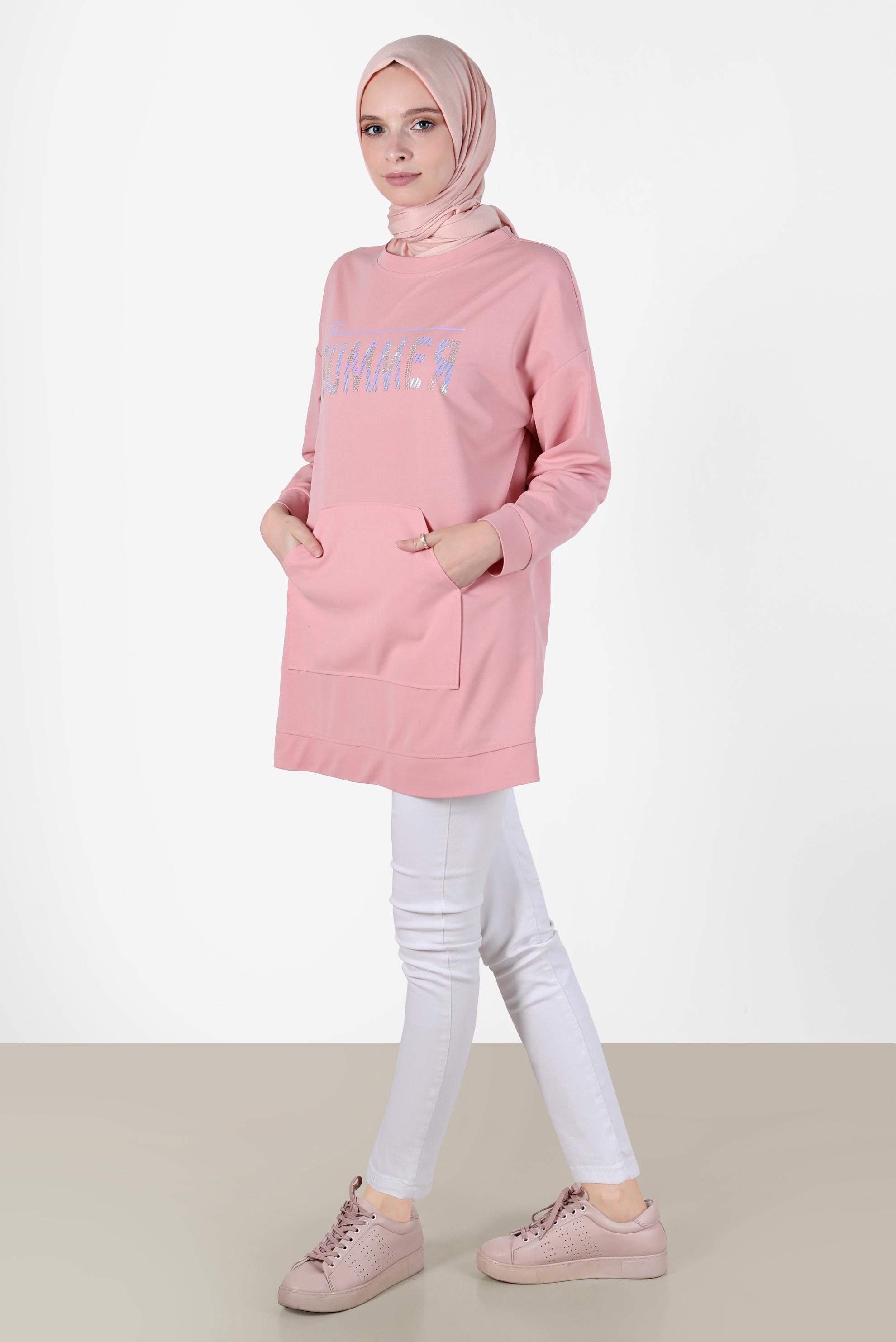 Tesettür giyim PUDRA YAZI BASKILI EŞOFMAN TUNİK 42740 