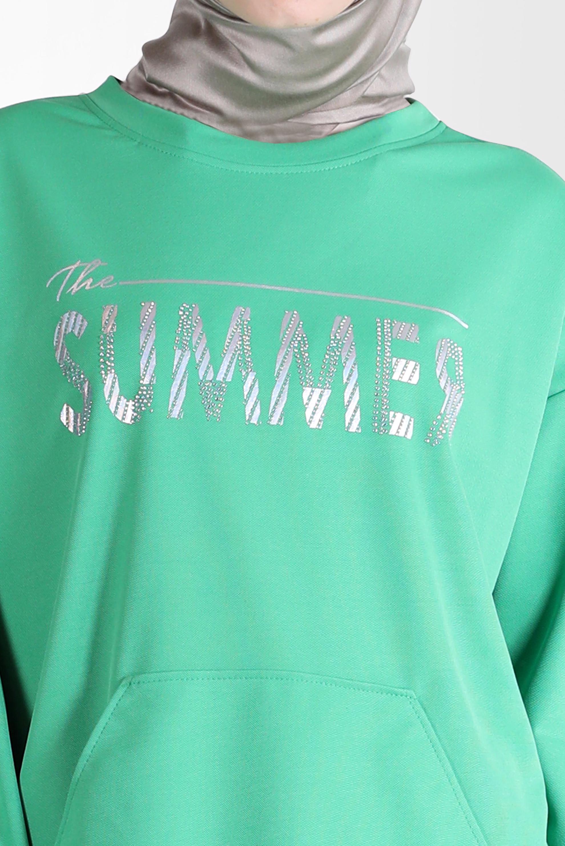 Tesettür giyim YEŞİL YAZI BASKILI EŞOFMAN TUNİK 42740 