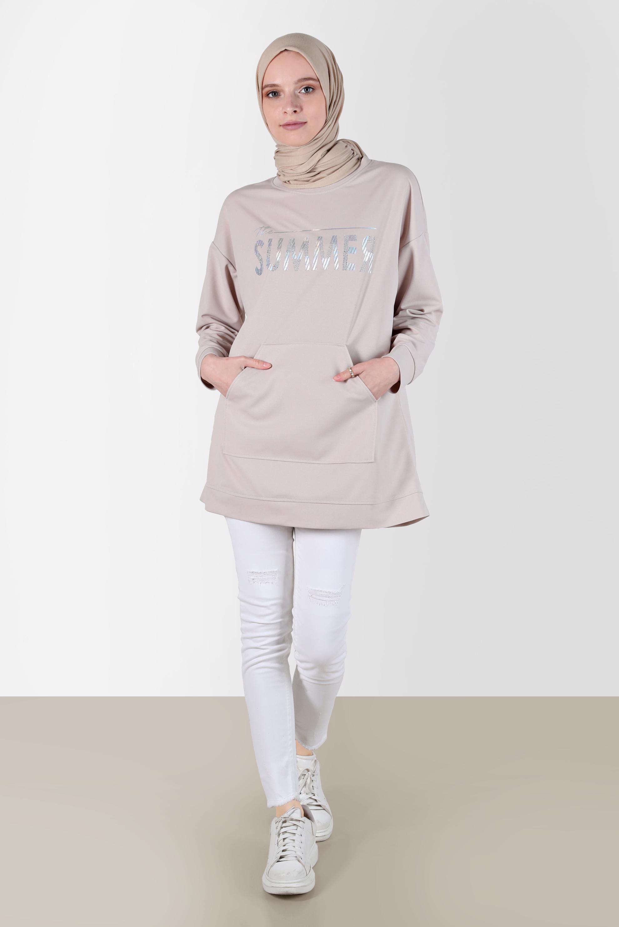 Tesettür giyim BEJ YAZI BASKILI EŞOFMAN TUNİK 42740 