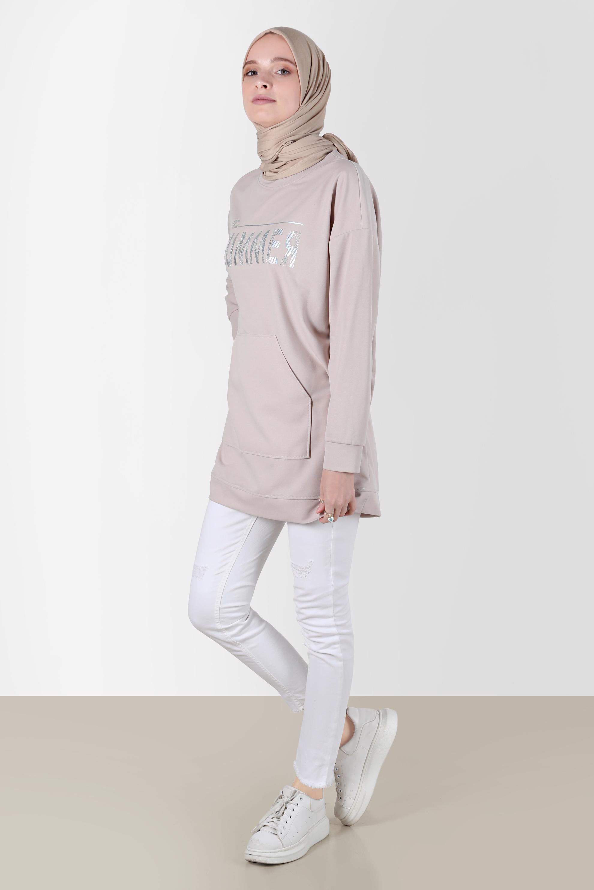 Tesettür giyim BEJ YAZI BASKILI EŞOFMAN TUNİK 42740 