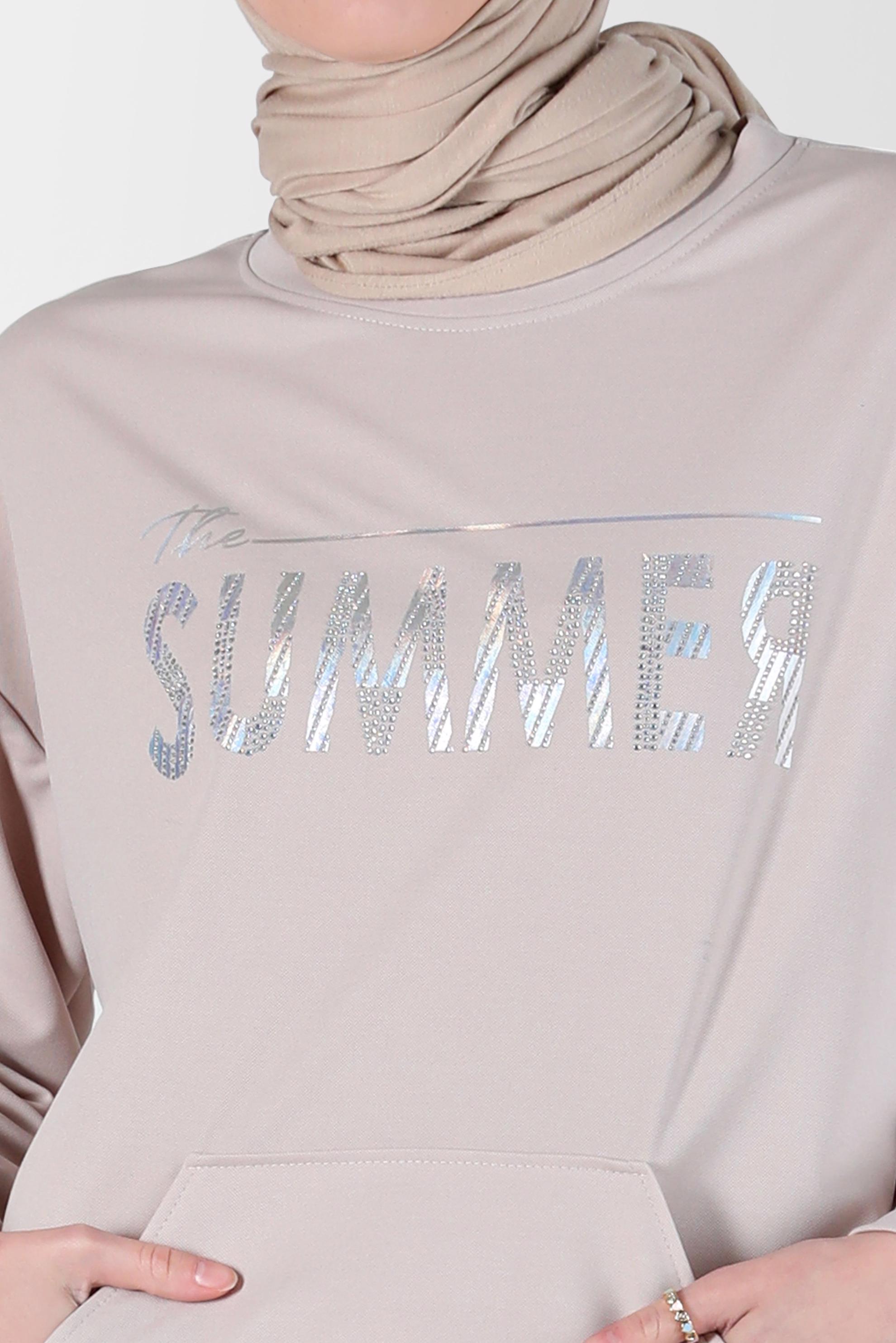 Tesettür giyim BEJ YAZI BASKILI EŞOFMAN TUNİK 42740 