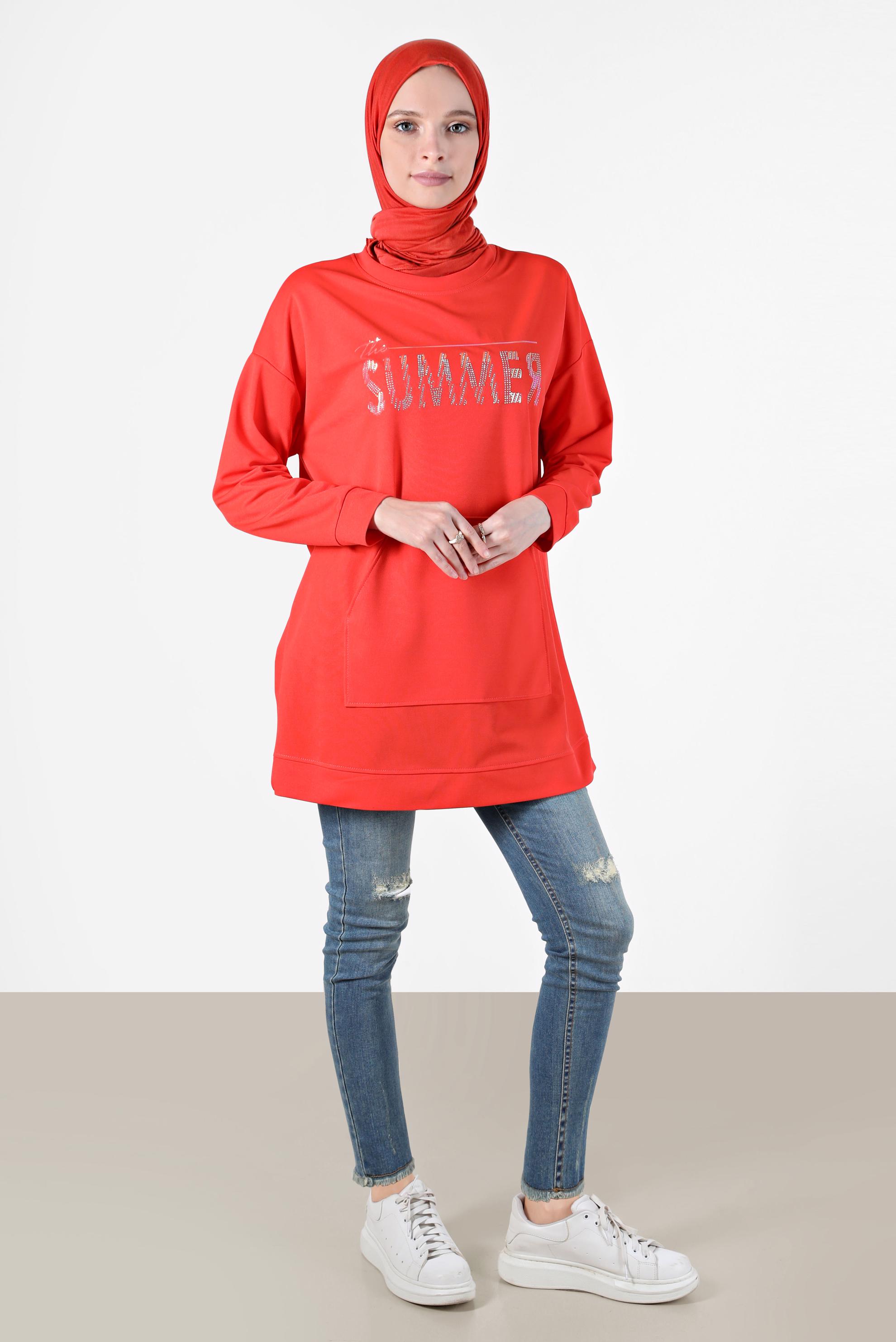 Tesettür giyim KIRMIZI YAZI BASKILI EŞOFMAN TUNİK 42740 